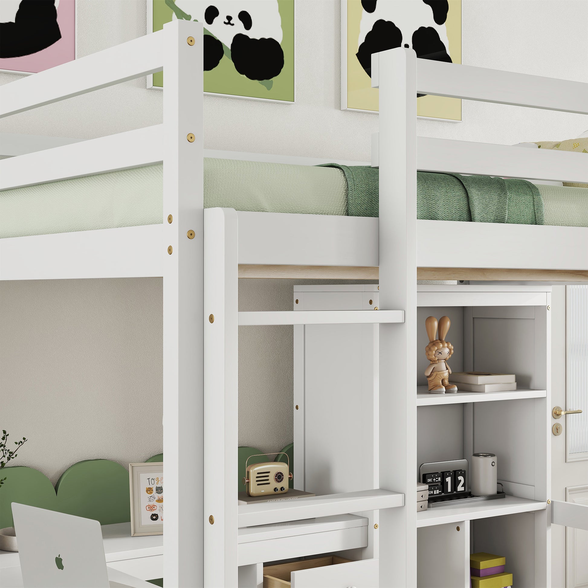 Full Size Loft Wood Bed With Desk, Storage Shelves And Drawers, Built In Ladder, High Loft Bed With Desk, Storage Shelves And Drawers,Guardrails,White Full White Pine