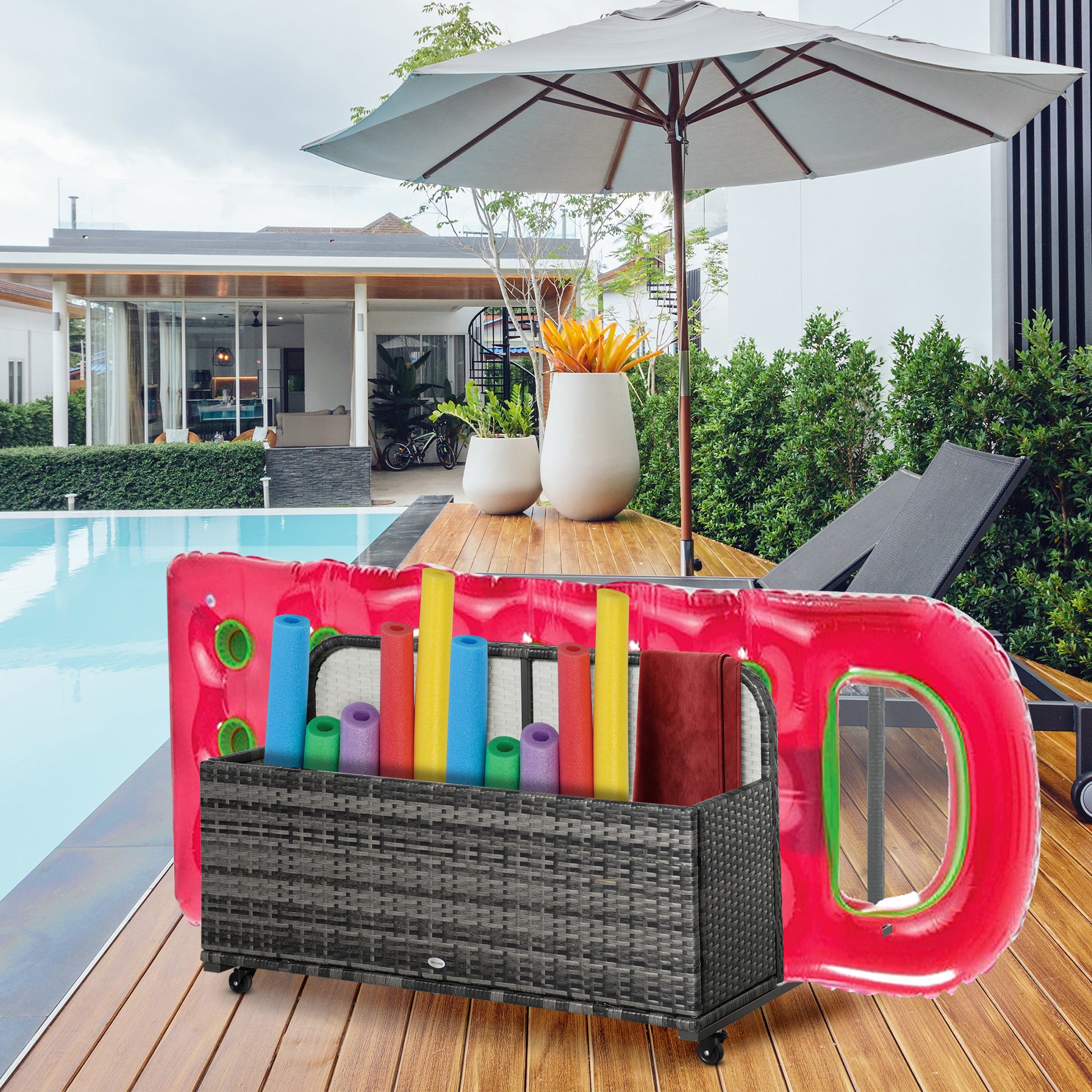 Outsunny Wicker Patio Poolside Float Storage Basket, Pe Rattan Outdoor Pool Caddy With Rolling Wheels For Floaties, Noodles, Life Vests, Beach Balls, Toys, Grey Gray Steel