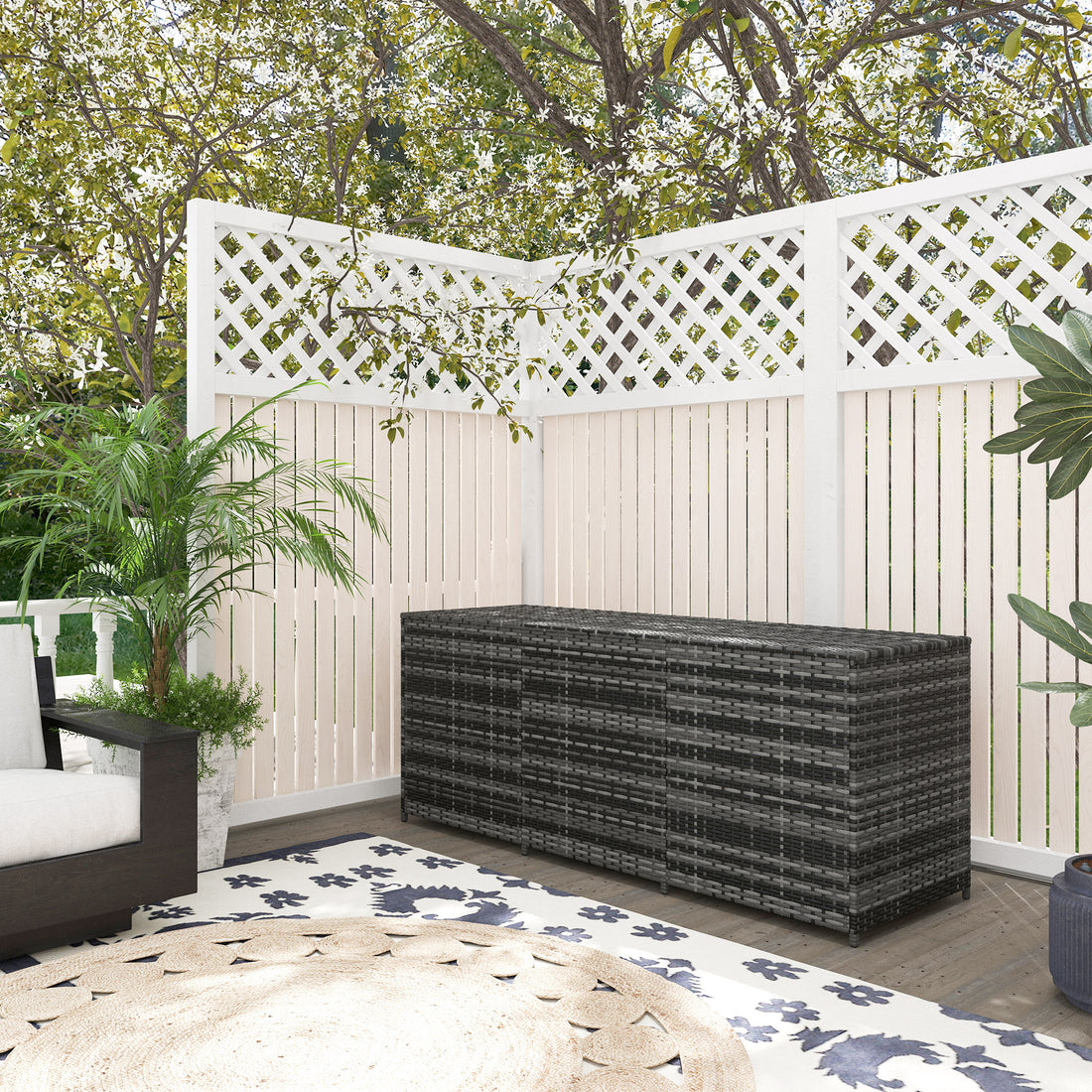 Outsunny 175 Gallon Outdoor Storage Box With Inner Liner, Pe Rattan Wicker Deck Box With Pneumatic Bar Lift For Indoor & Outdoor, Patio Furniture Cushions, Pool Toys, Garden Tools, Mixed Gray Grey Steel