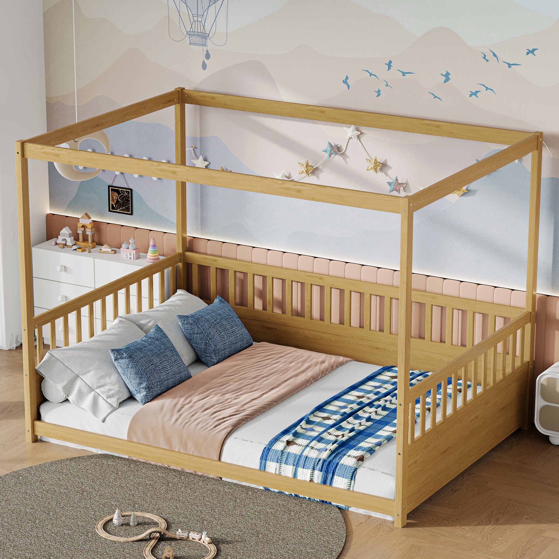 Full Size Canopy Bed Frame With Guardrails For Kids,Floor Bed Full With Four Poster Design,Kids Montessori Floor Bed,Wood Canopy Bed Frame For Girls,Boys Full,Natural Box Spring Required Full