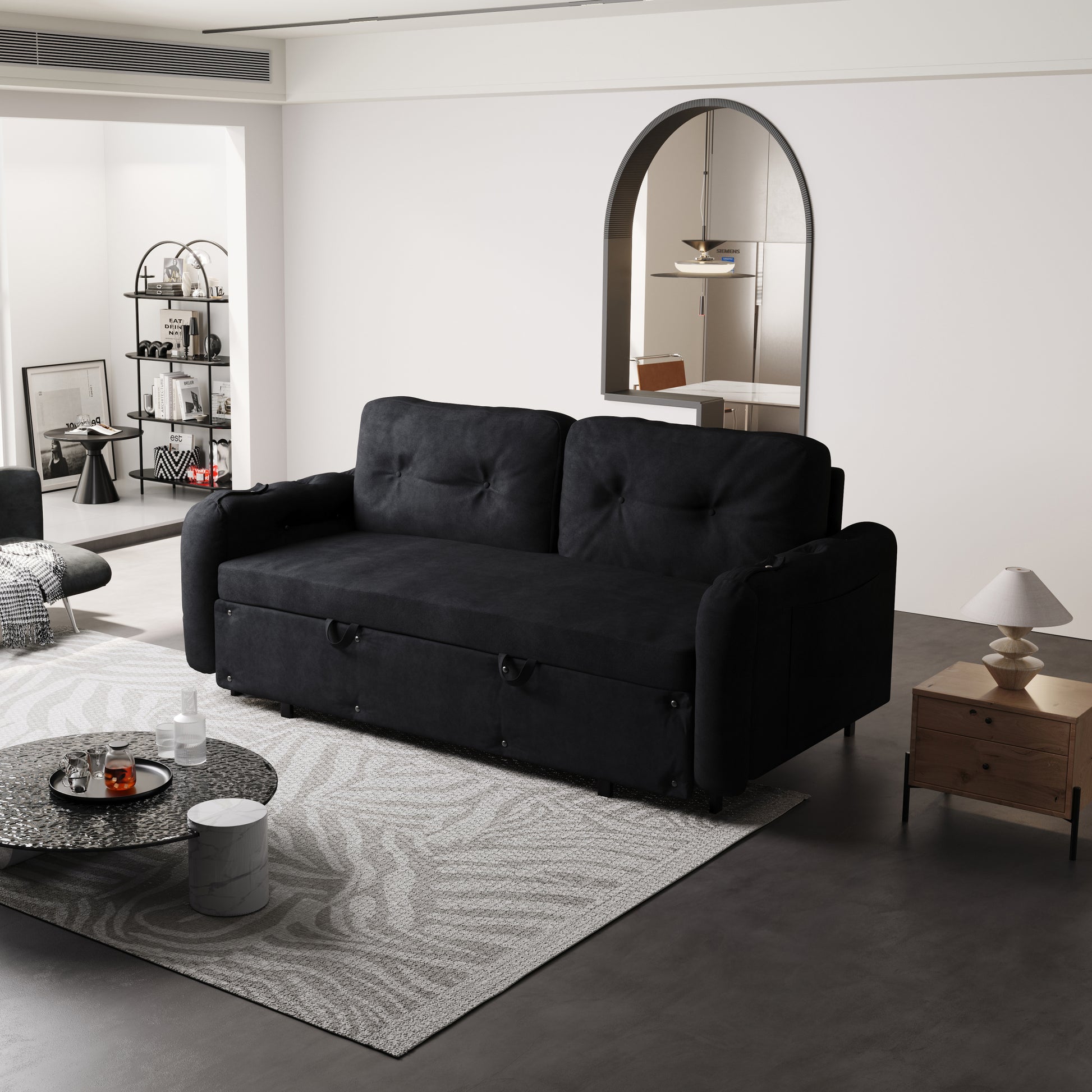 66.2" Queen Pull Out Sofa Bed, Hydraulic System Convertible Sleeper Sofa With Storage And 2 Soft Pillows, Tufted Button Upholstered Couch,Multi Functional Velvet Loveseat Bed,Black Black Velvet 2 Seat