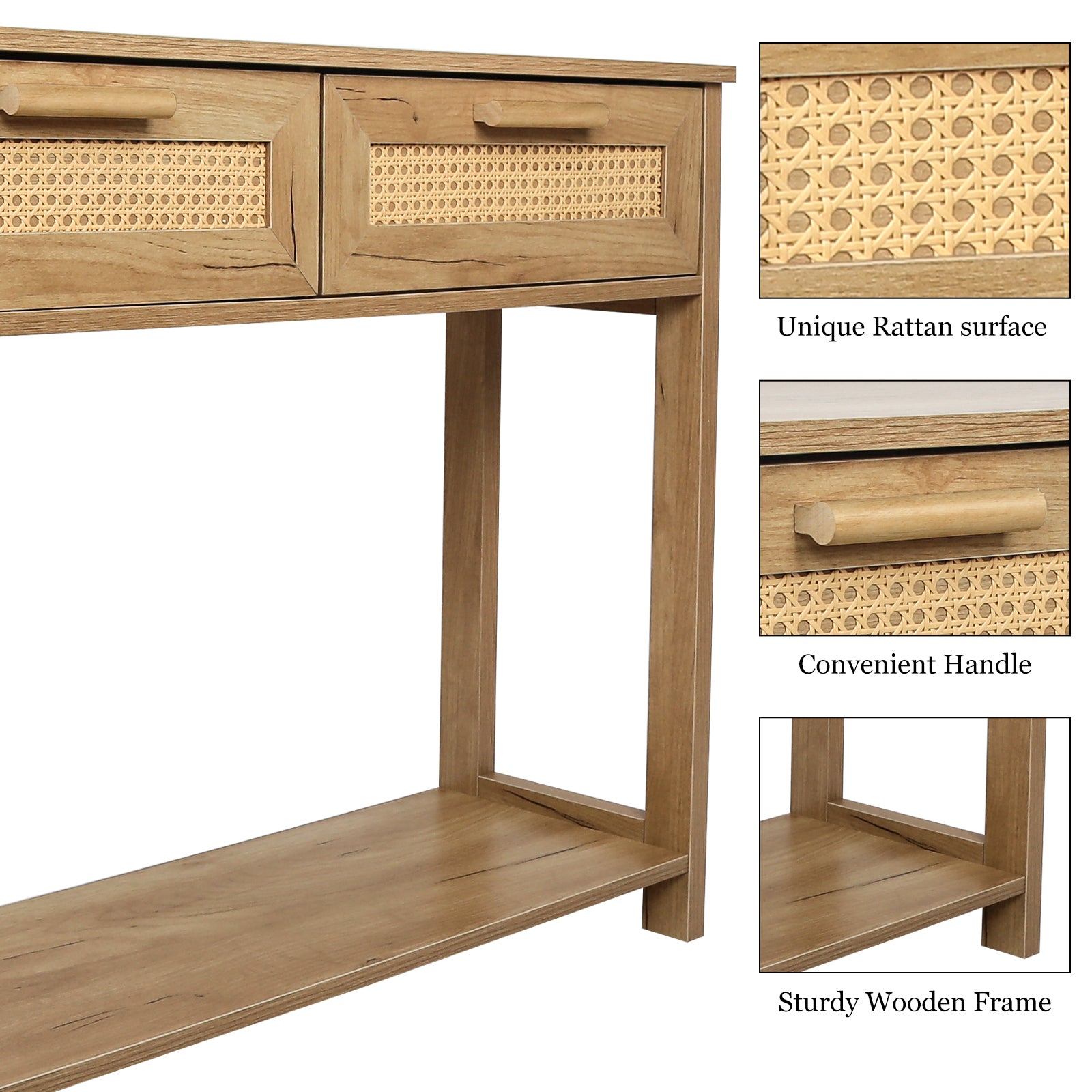 Console Table With 2 Drawers, Sofa Table, Entryway Table With Open Storage Shelf, Narrow Accent Table With Rattan Design For Living Room Entryway Hallway, Natural Color Natural Particle Board