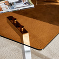 1 Table And 4 Chairs, Brown Tempered Glass Tabletop And Silver Metal Legs, Modern Minimalist Style Rectangular Glass Dining Table, Paired With 4 Modern Silver Metal Leg Chairs. 1123C 1162 Brown Seats 4 Glass