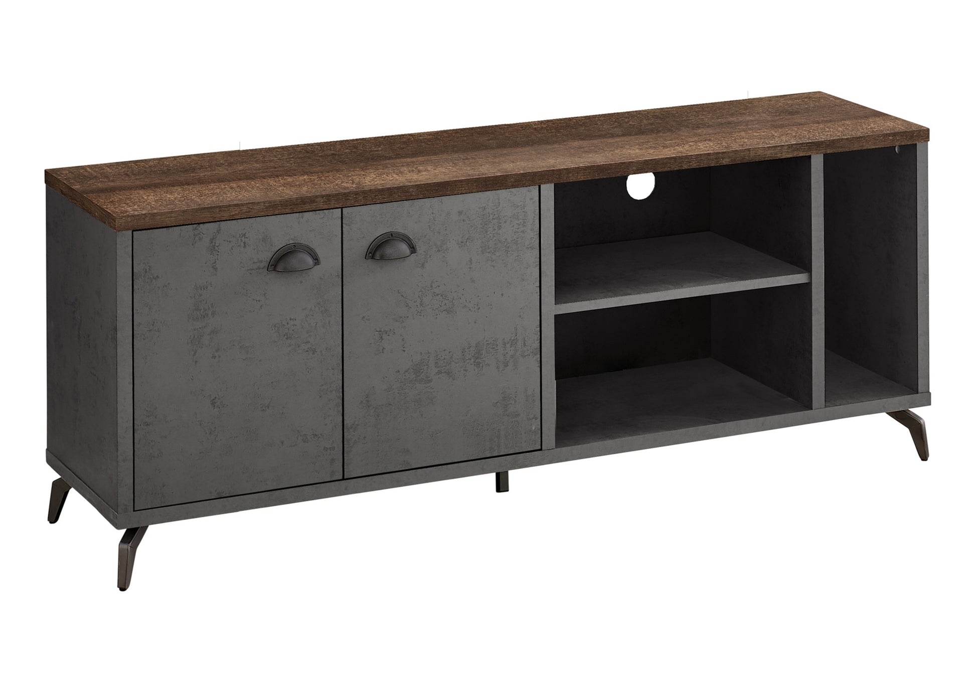 Tv Stand, 60 Inch, Console, Media Entertainment Center, Storage Cabinet, Living Room, Bedroom, Brown And Grey Laminate, Grey Metal, Contemporary, Modern Grey 80 89 Inches Mdf