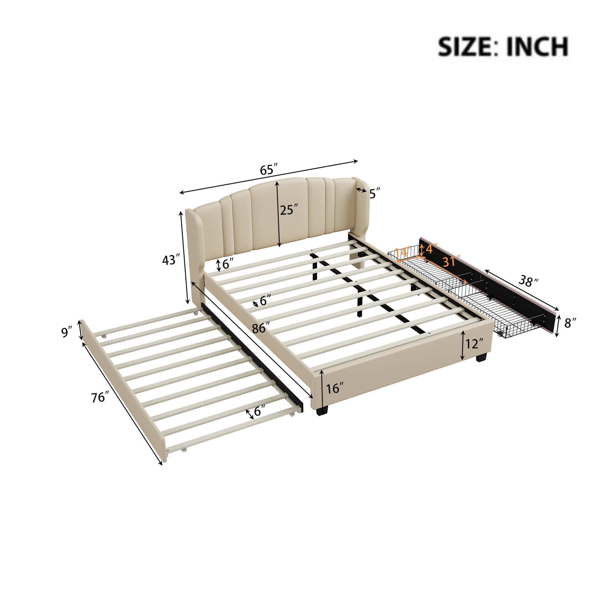 Upholstered Platform Bed With Wingback Headboard, One Twin Trundle And 2 Drawers, No Box Spring Needed, Linen Fabric, Queen Size, Beige Beige Linen