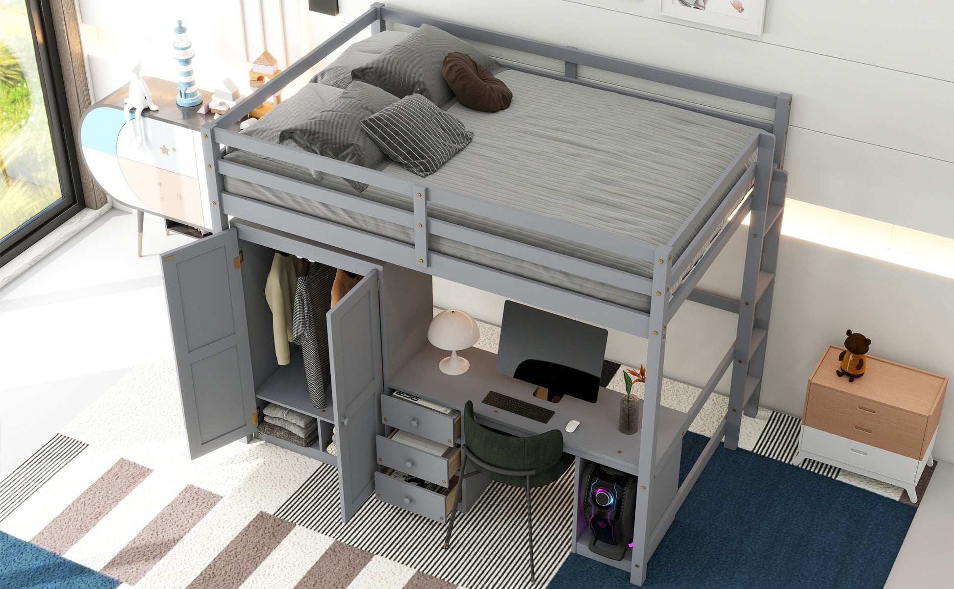 Full Size Loft Bed With Wardrobe, Desk And Storage Drawers, Gray Full Gray Pine