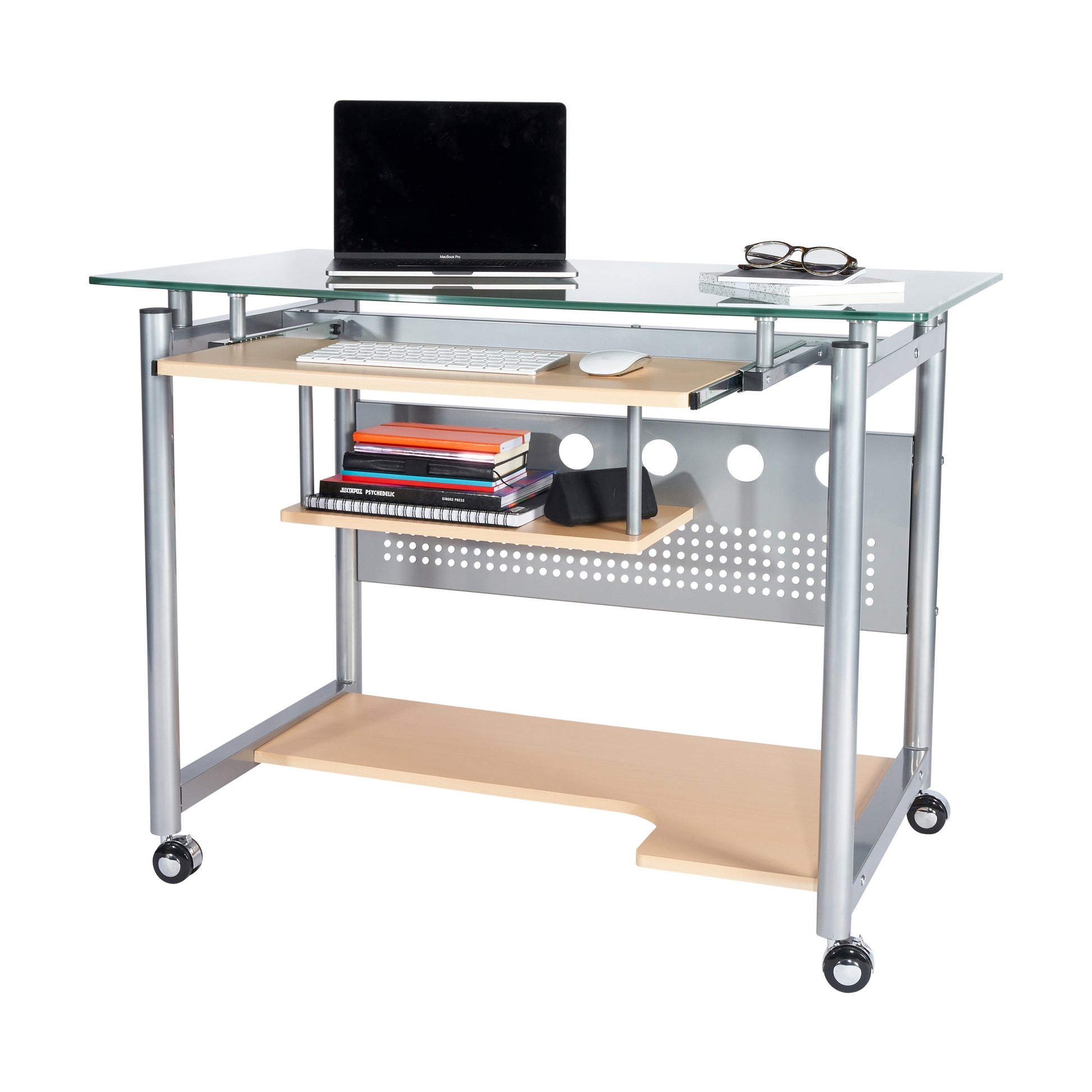 Techni Mobili Rolling Computer Desk, Glass And Silver Silver Keyboard Tray Computer Desk Office Modern Floor Mount Rectangular Rectangular Temptered Glass Stainless Steel Mdf