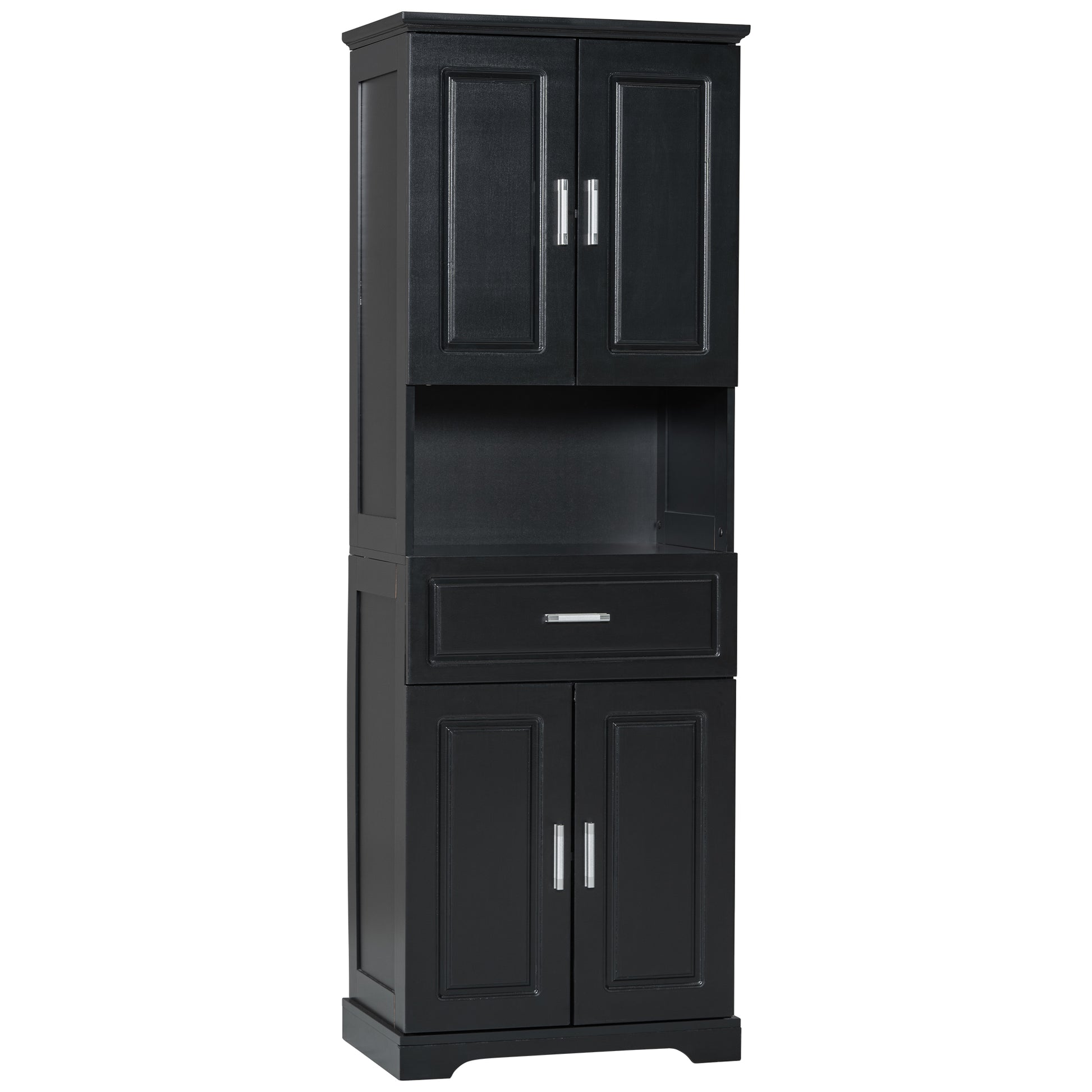 Tall Bathroom Cabinet With Four Doors, Large Storage Space Open Shelve, Upper Storage Cabinet, Black Black Mdf