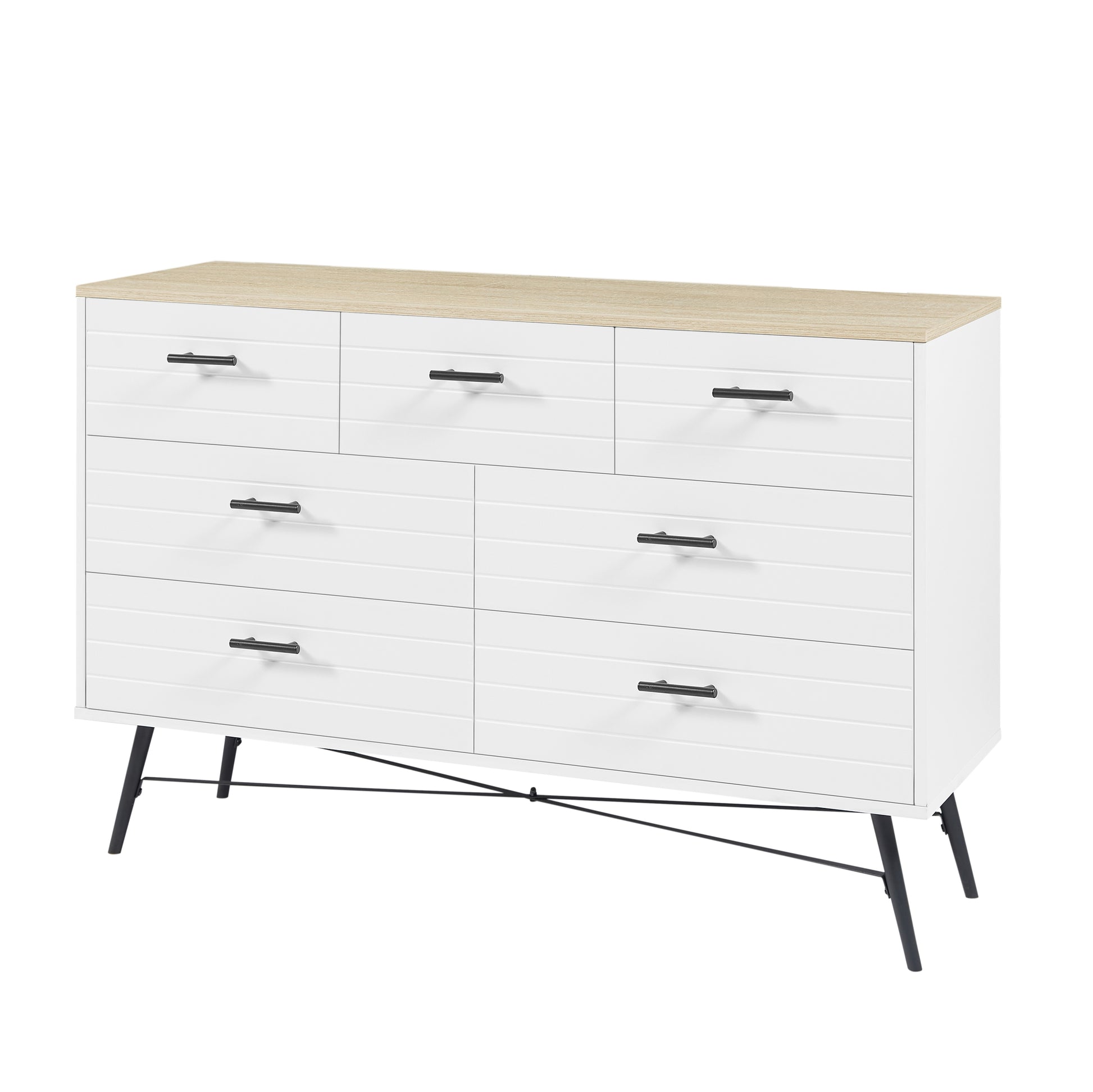 7 Drawer Dresser For Bedroom With Deep Drawers, Wood Dressers & Chest Of Drawers, Modern White Long Dressers For Closet Living Room, 47.2"W X 15.7"D X 31.5"H, White & Oak White Light Oak White Rustic,Vintage Particle Board