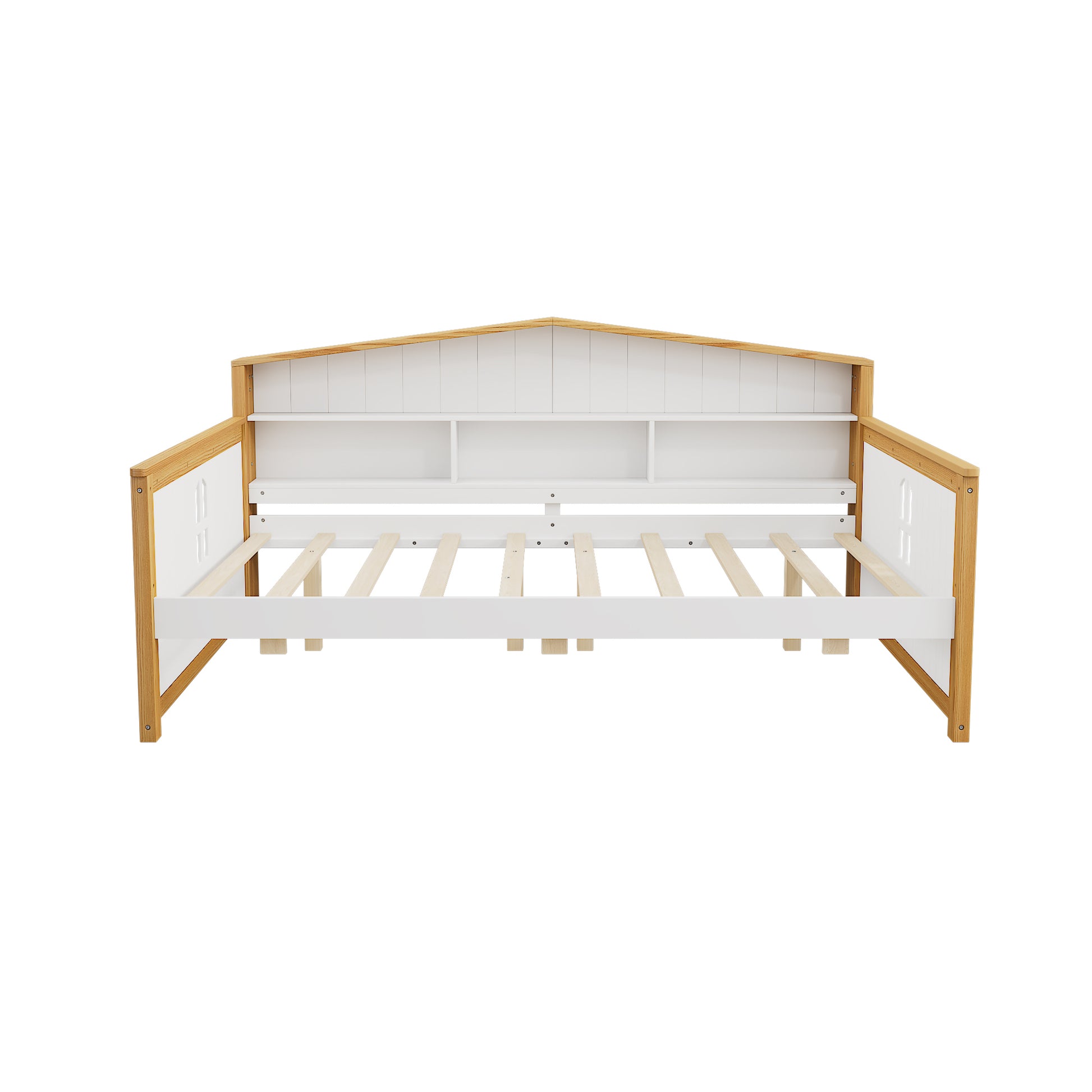 Full Size House Shape Daybed With Trundle And Bookcase Headboard Wooden Bed For Girls Boys Teens, No Box Spring Needed, Walnut And White Box Spring Not Required Full White Walnut Wood Bedroom Cute Pine Bed Frame Wood
