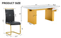 Table And Chair Set.Large Modern Rectangular Table With 0.4 Inch Patterned Glass Tabletop And Large Mdf Table Legs.Comes With 6 Chairs With Faux Leather Cushioned Seats And Golden Metal Legs. Gold White Seats 6 Mdf Glass