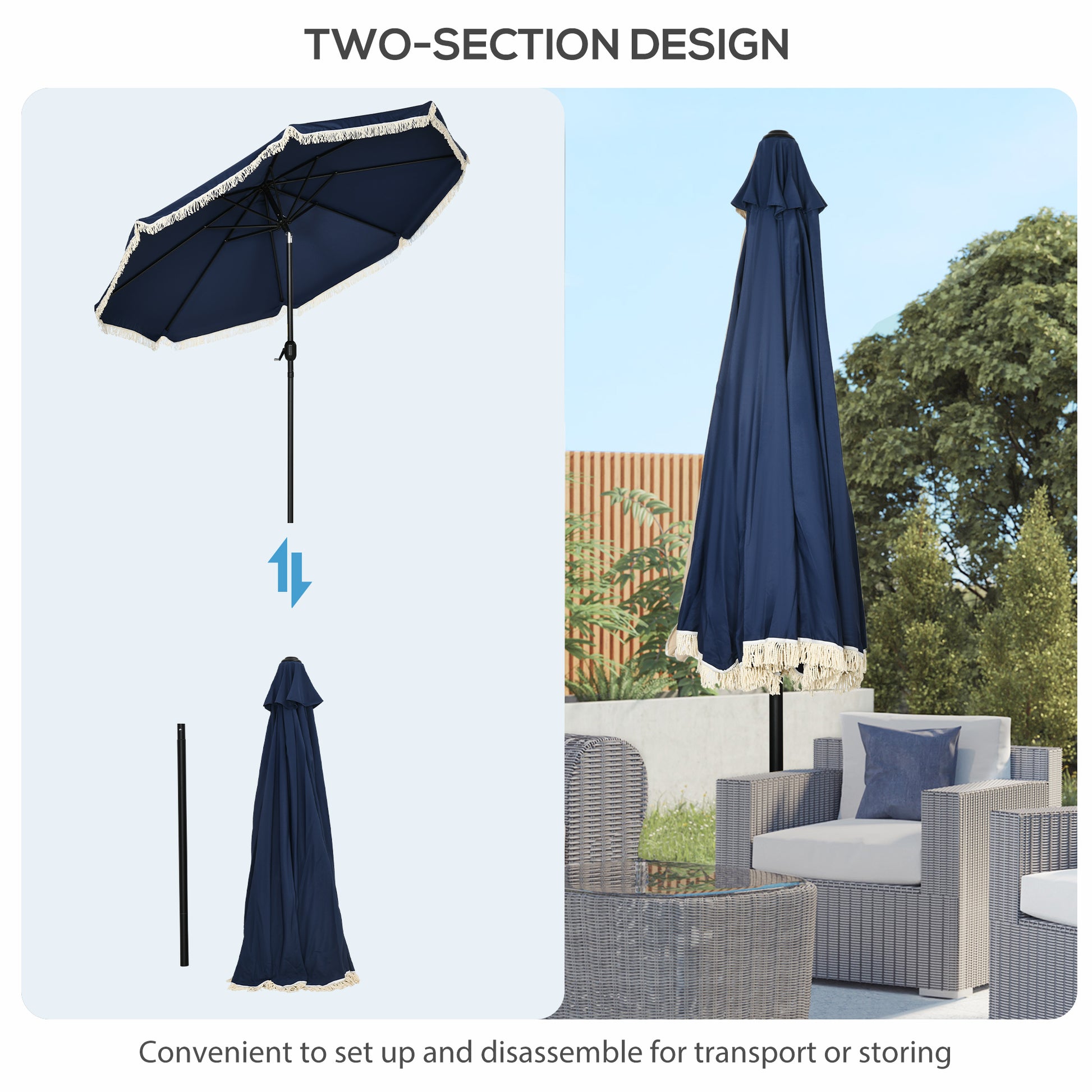 Outsunny 9Ft Patio Umbrella With Push Button Tilt And Crank, Ruffled Outdoor Market Table Umbrella With Tassles And 8 Ribs, For Garden, Deck, Pool, Dark Blue Dark Blue Polyester