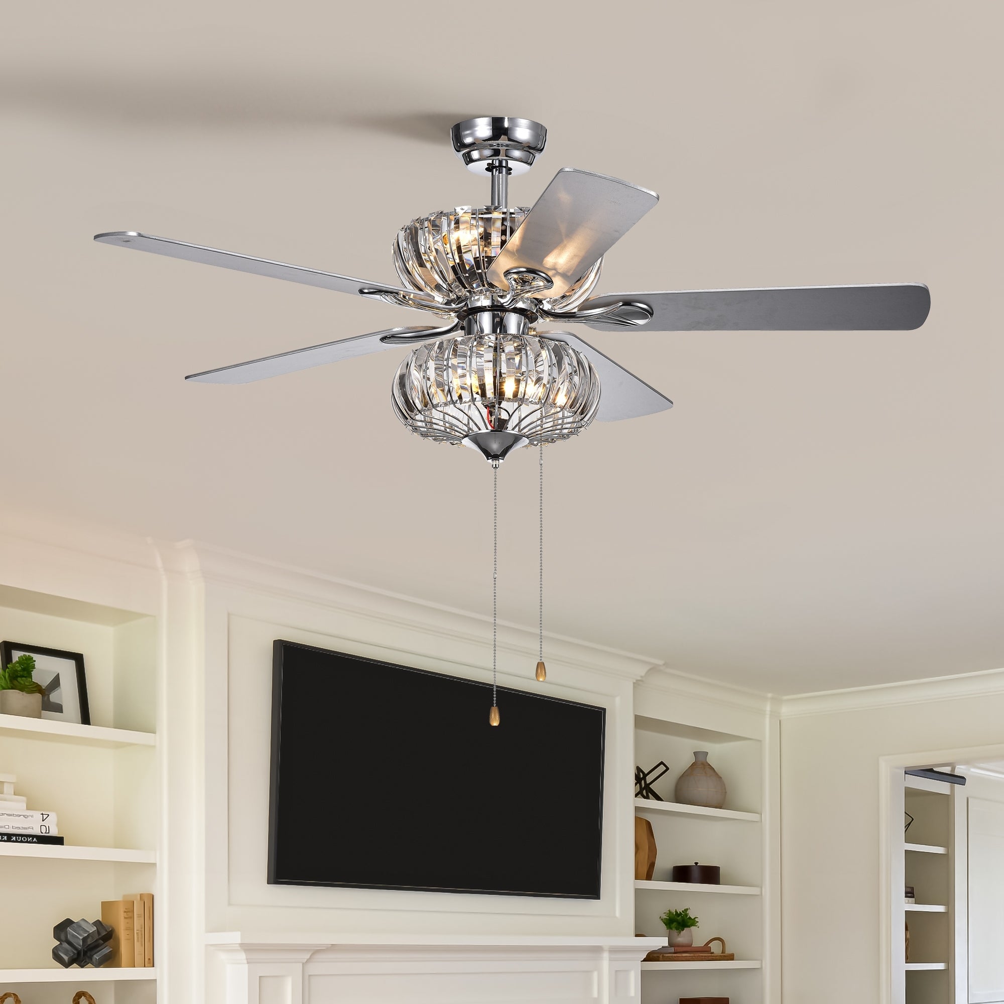 52 Inch Crystal Chandelier Fan Dual Finish Reversible Blades,Dual Shade Fandelier For Living Room, Dining Room, Bedroom, Family Room, Chrome Hand Pull Chain Chrome American Traditional,Antique,Classic,Contemporary Crystal Metal