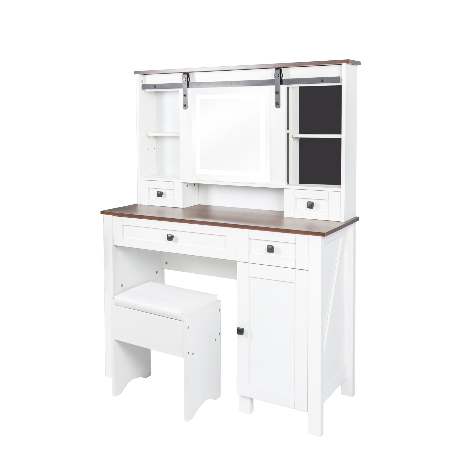 Farmhouse Makeup Vanity With Mirror And Lights,41.73" Wide Vanity Desk ,Vanity Table With 4 Drawers And 1 Cabinet,3 Color Modes, Dressing Table For Bedroom White Walnut Particle Board Mdf