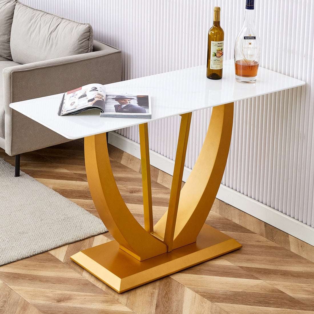 Modern And Simple Rectangular Glass Dining Table In White With A Pattern, 0.39 "White Top And Gold Legs, Suitable For Entrance And Living Room. White Glass