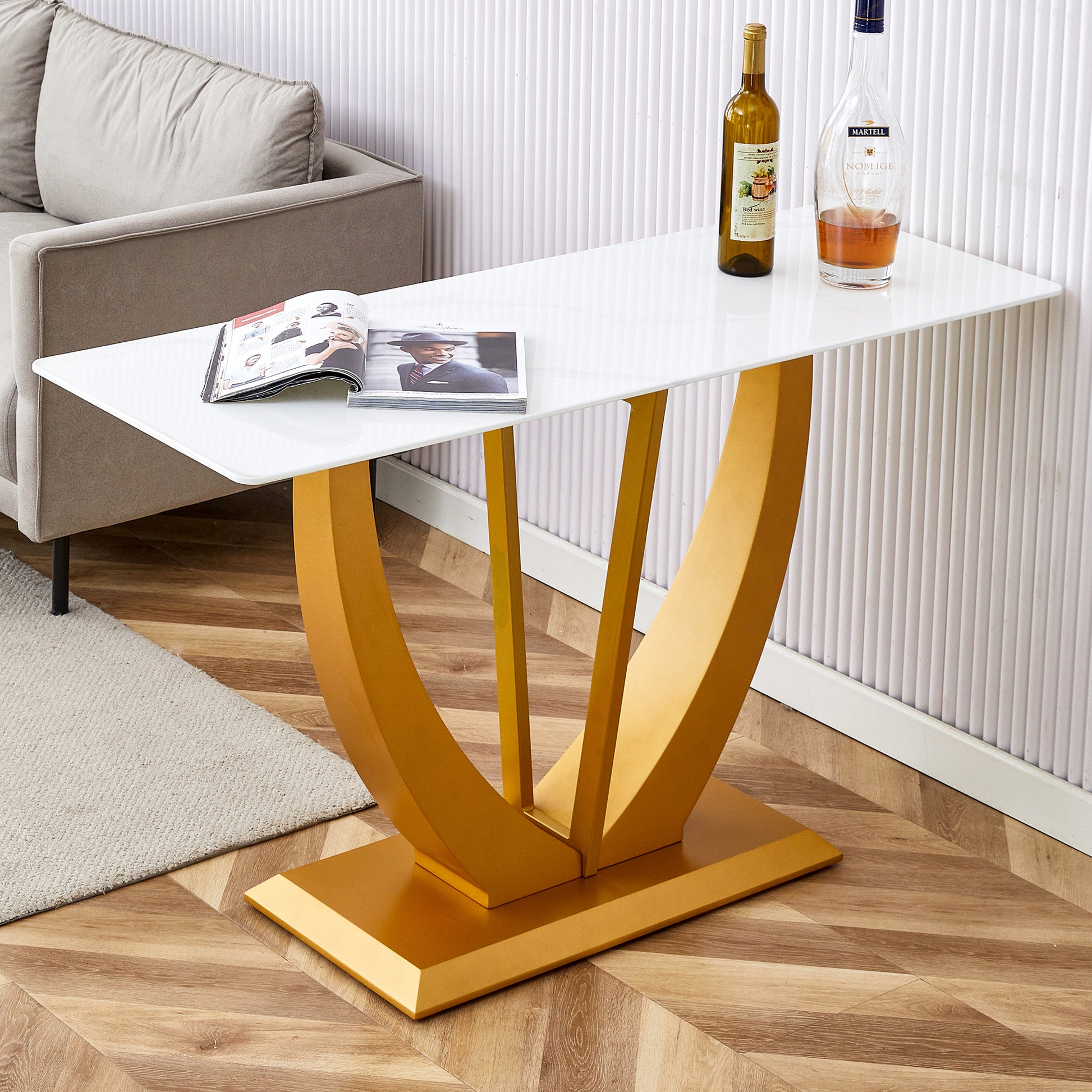 Modern And Simple Rectangular Glass Dining Table In White With A Pattern, 0.39 "White Top And Gold Legs, Suitable For Entrance And Living Room. White Glass