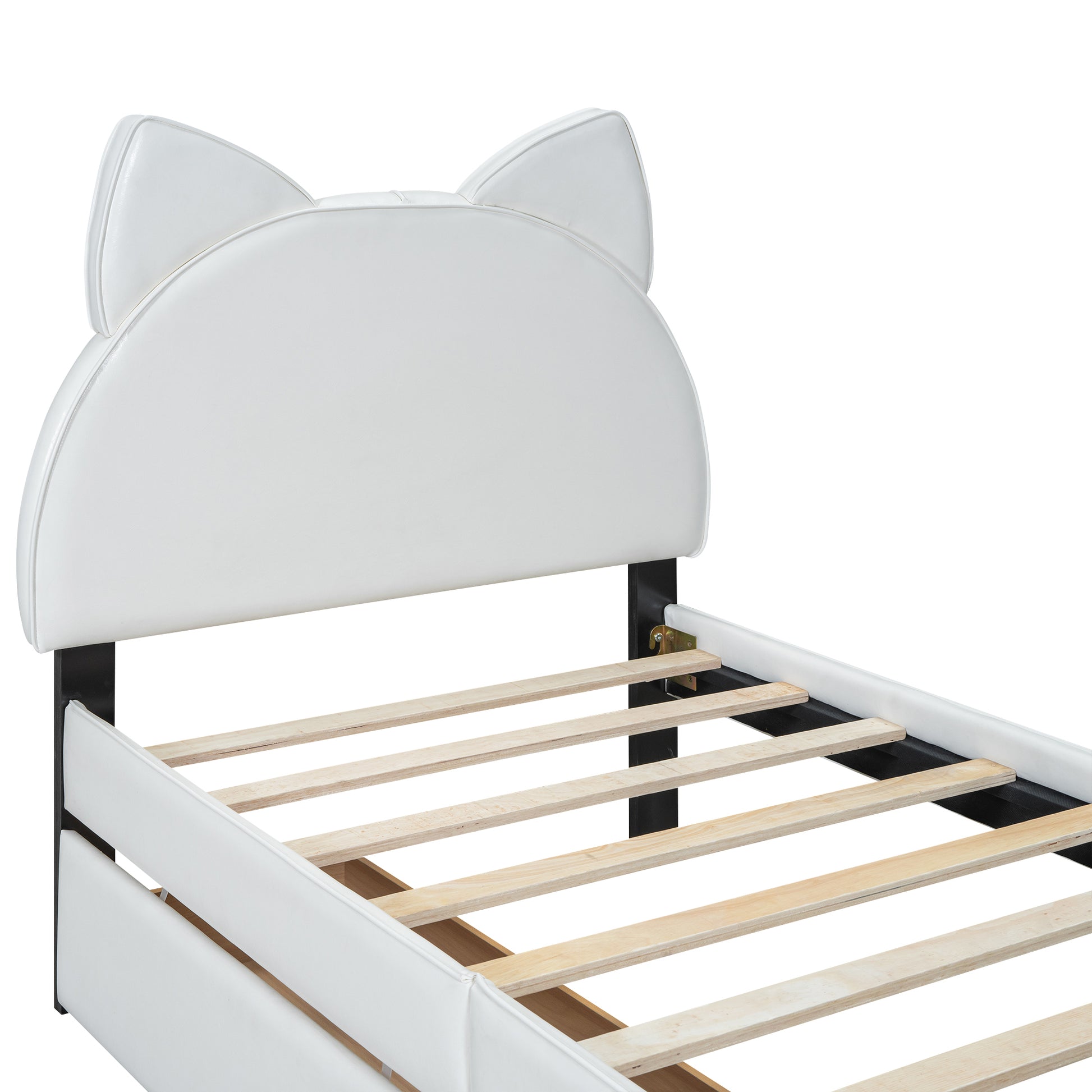 Twin Size Upholstered Platform Bed With Cartoon Ears Shaped Headboard And 2 Drawers, White Box Spring Not Required Twin White Wood Bedroom Bed Frame Faux Leather Upholstered