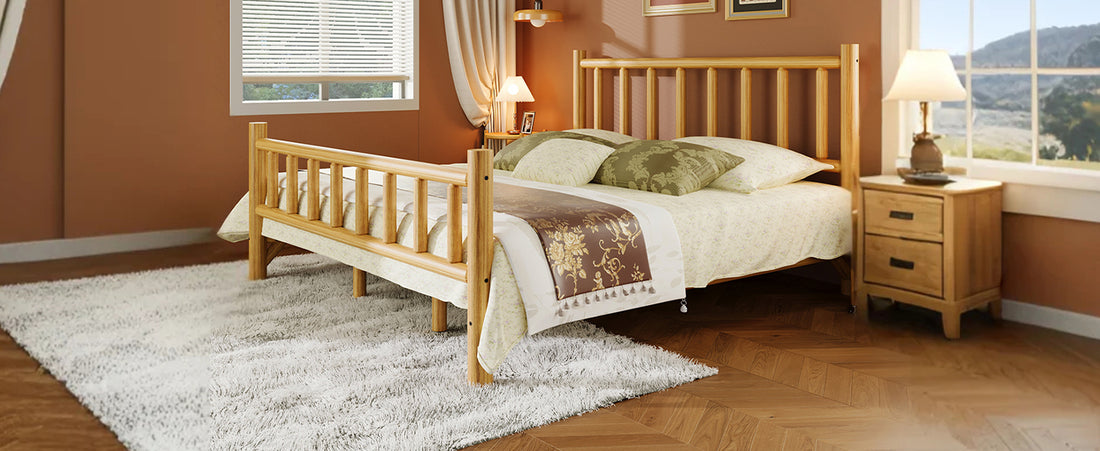 Farmhouse Log Bed Frame King Rustic Style Pure Solid Pine Cylinder Construction Bed Fits Mattresses And Box Springs, Natural Finish King Natural Pine