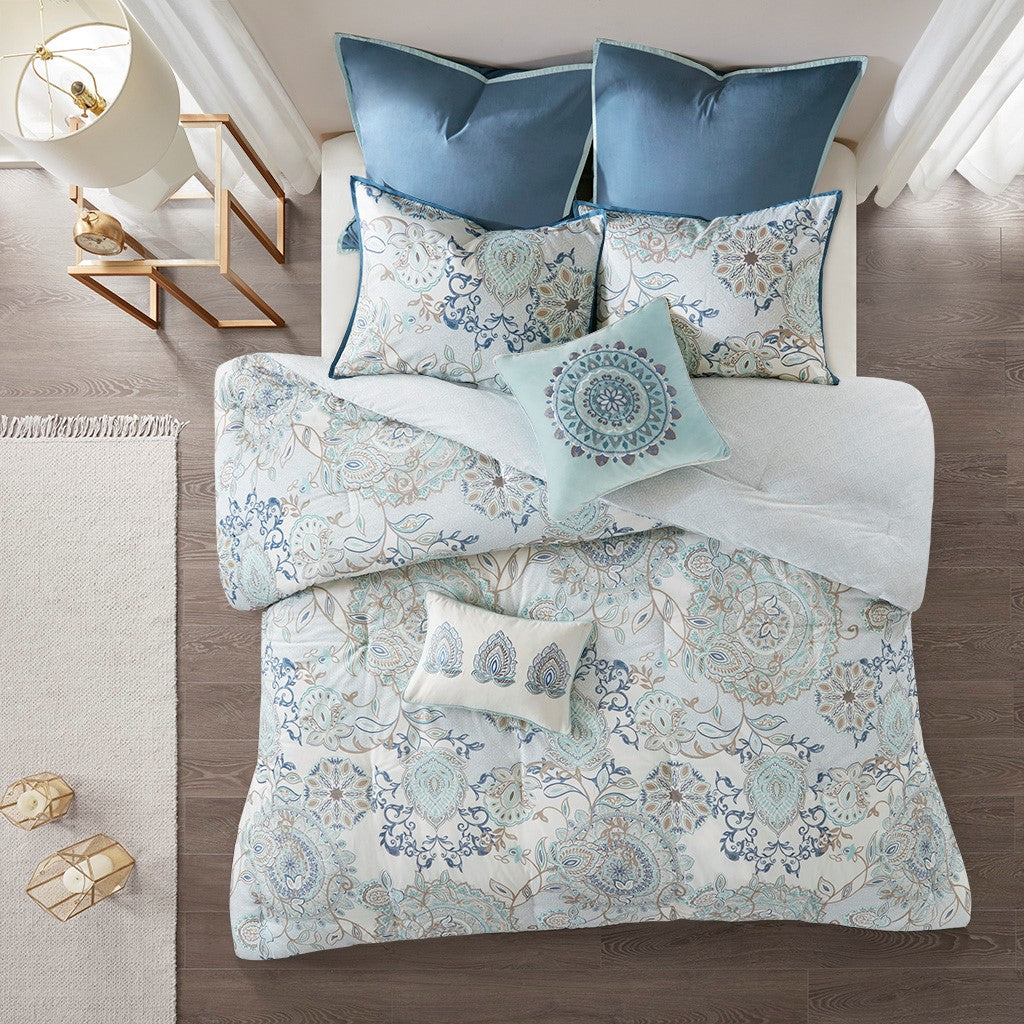 8 Piece Cotton Floral Printed Reversible Comforter Set Blue Cal King California King Blue Cotton