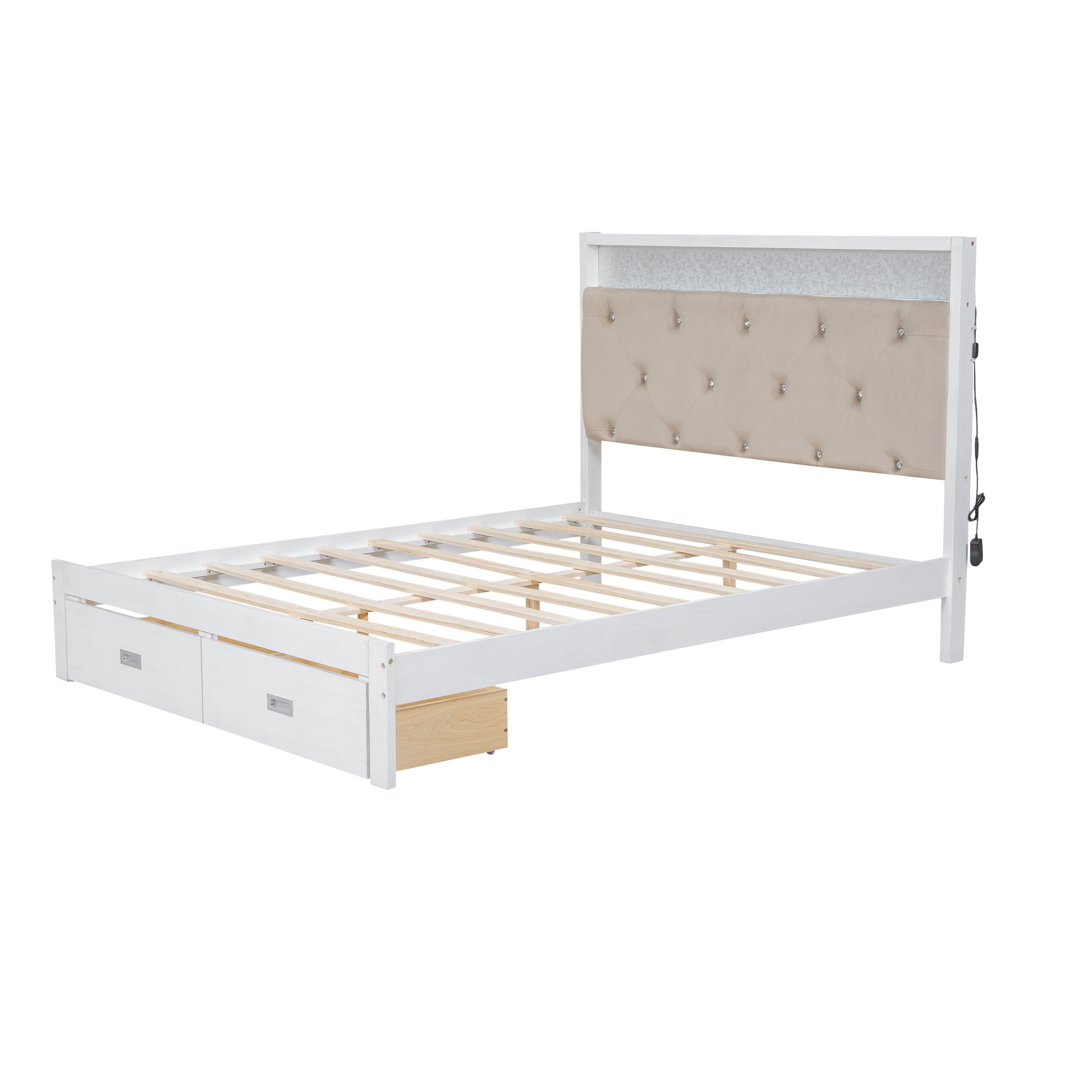 Wood Queen Size Platform Bed With Upholstered Headboard And Led And 2 Drawers, Antique White Box Spring Not Required Queen Antique White Wood Bed Frame Solid Wood Mdf