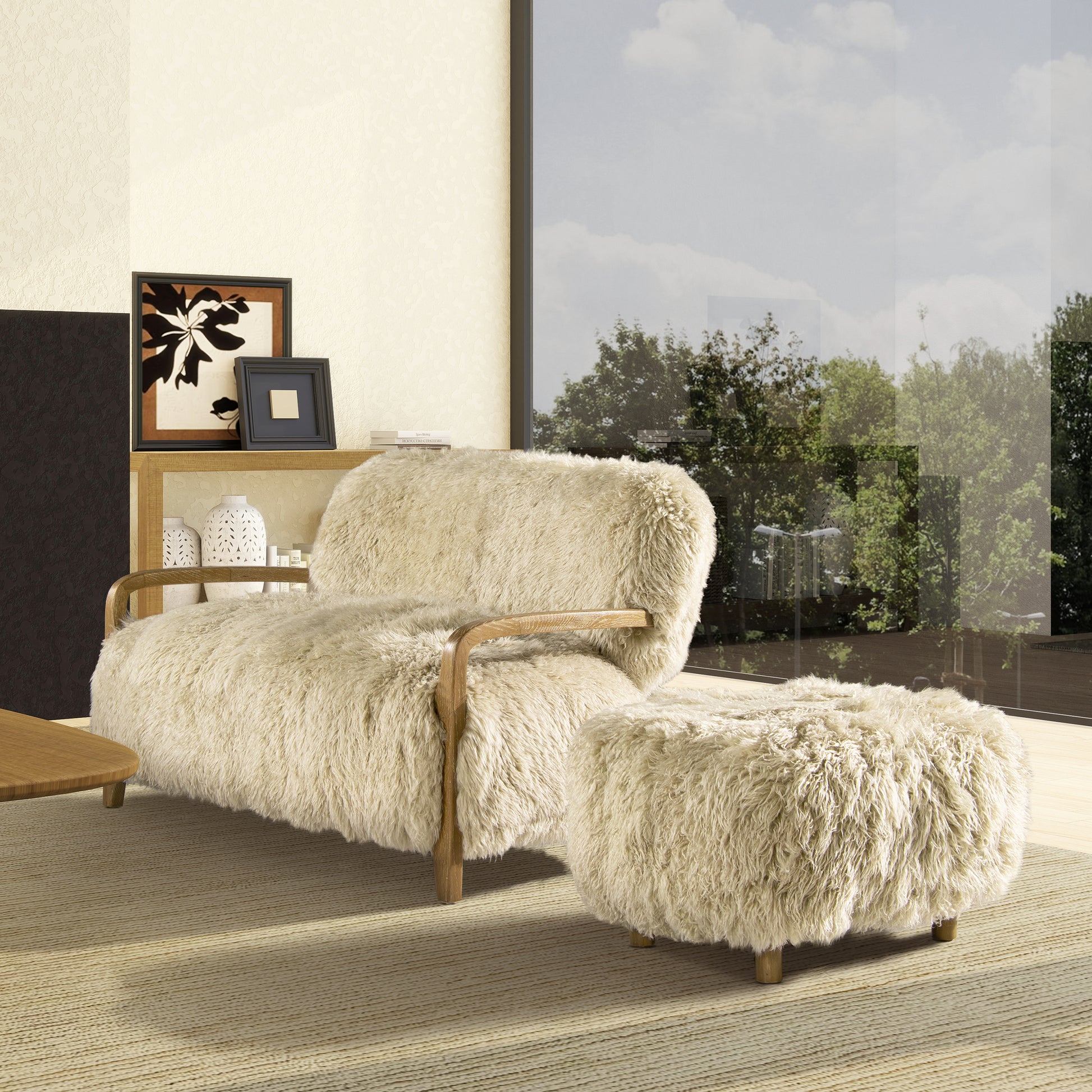Enchante 52.5" Zealand Sheepskin Accent Loveseat Taupe Natural Foam Fur