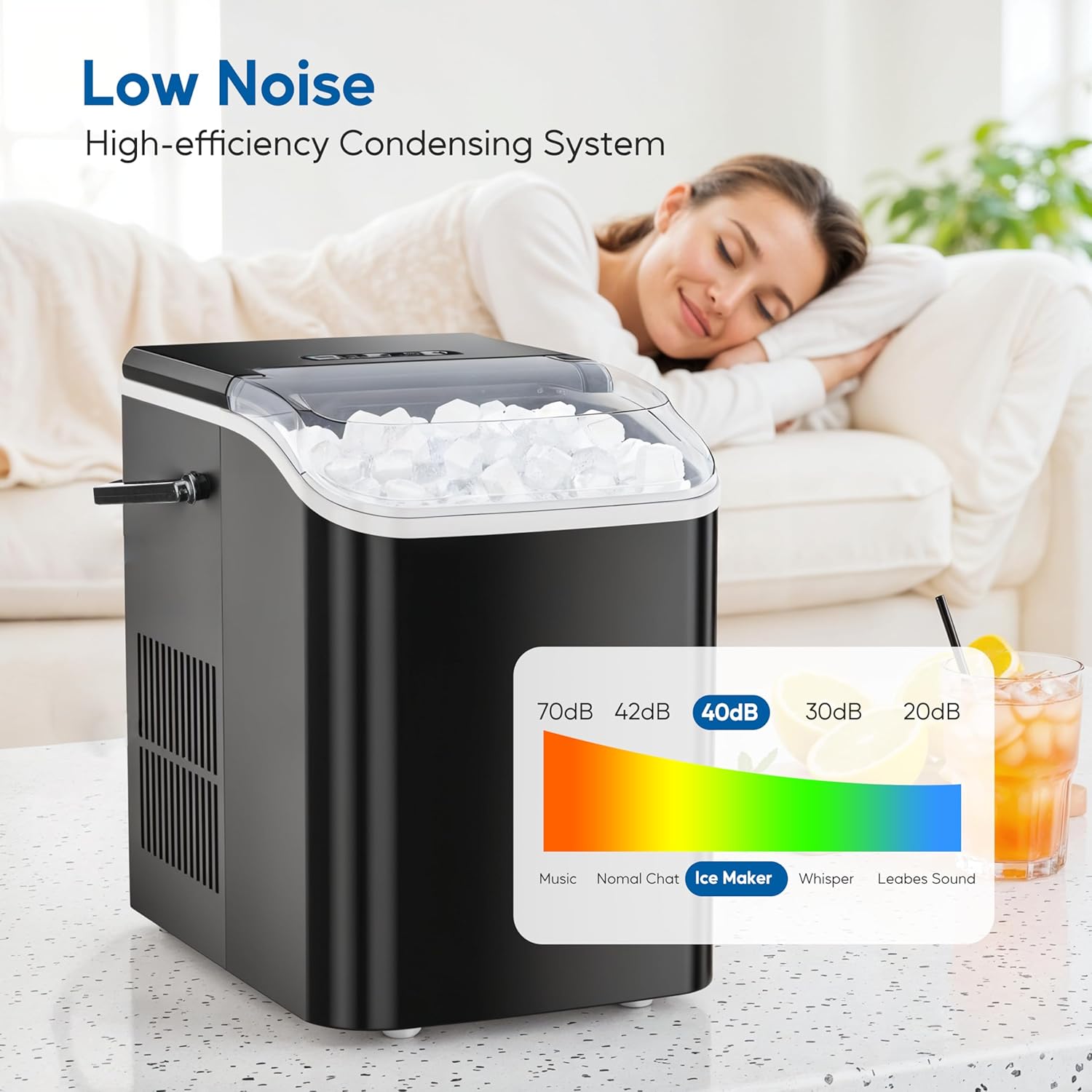 Countertop Ice Maker Machine, Fast Making 9 Ice Cubes In 6 Minutes, Self Cleaning With Scoop, Basket & Handle, 26.5Lbs 24Hrs, 2 Sizes Bullet Ice, Portable For Kitchen, Office, Party, Black Black