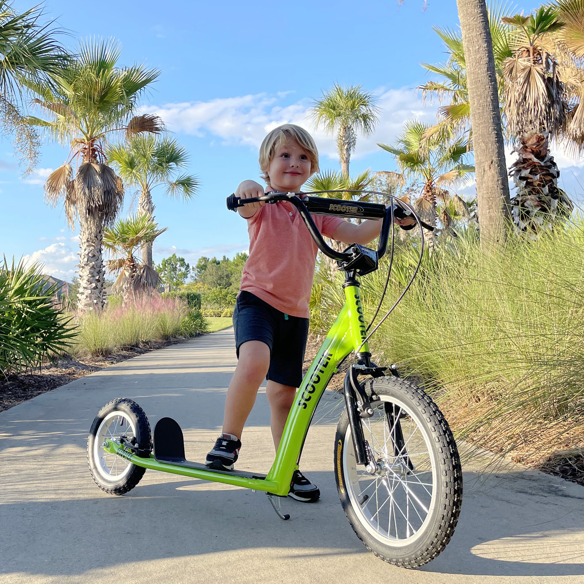 Aosom Youth Scooter Kick Scooter For Kids 5 With Adjustable Handlebar 16" Front And 12" Rear Dual Brakes Inflatable Wheels, Green Green Steel