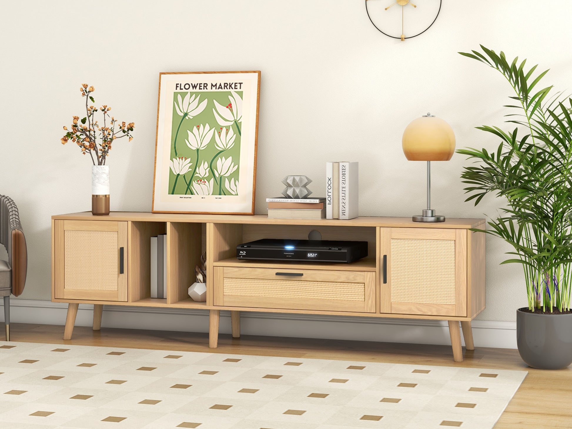 Rattan Tv Stand With 2 Cabinets & 2 Open Shelves, Rattan Inspired Media Console Table For Tvs Up To 80'', Entertainment Center With Solid Wood Legs, Tv Cabinet For Living Room, Bedroom, Home Theatre Natural Wood Primary Living Space 60 69 Inches 60 69