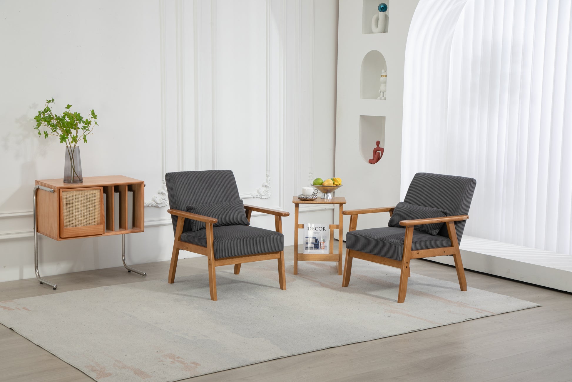 Leisure Chair With Solid Wood Armrest And Feet, Leisure Chair, Wood Frame, Velvet, L, Solid Rubber Wood Legs, Mid Century Modern Accent Chair, For Living Room Bedroom Studio Chair,Two Packs Dark Gray Corduroy