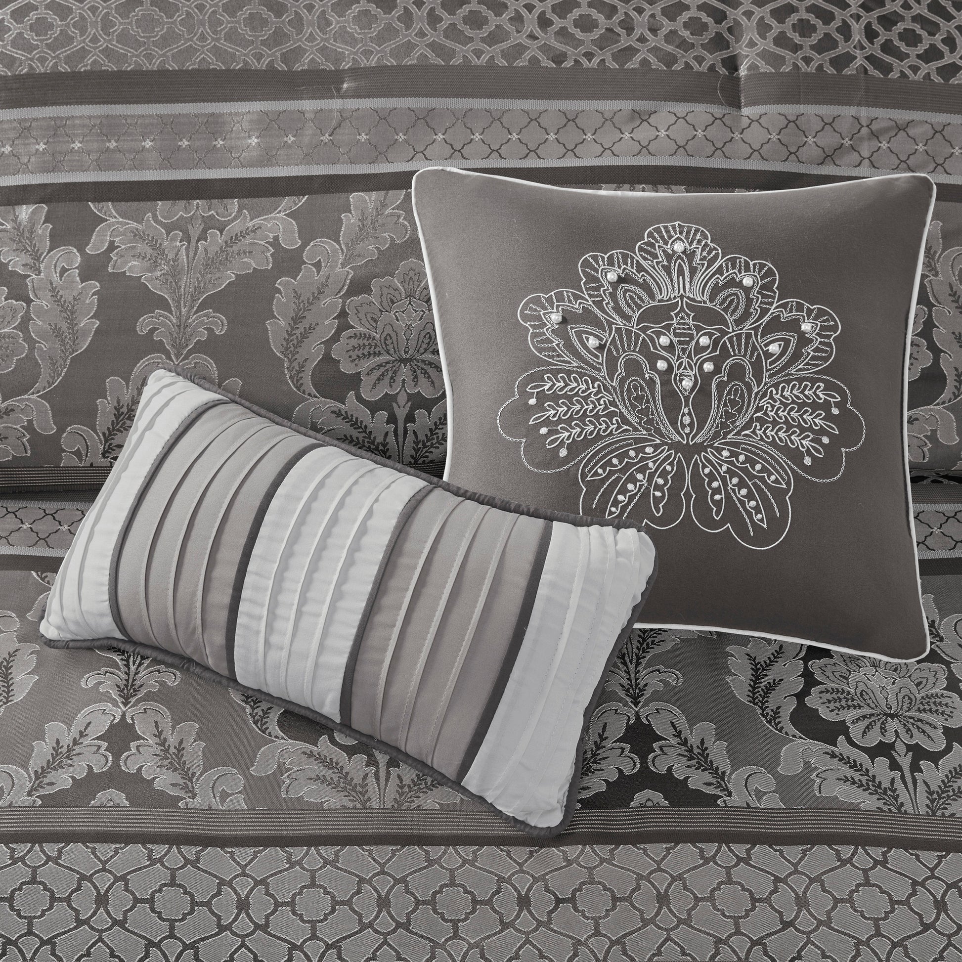7 Piece Jacquard Comforter Set Grey King King Grey Polyester