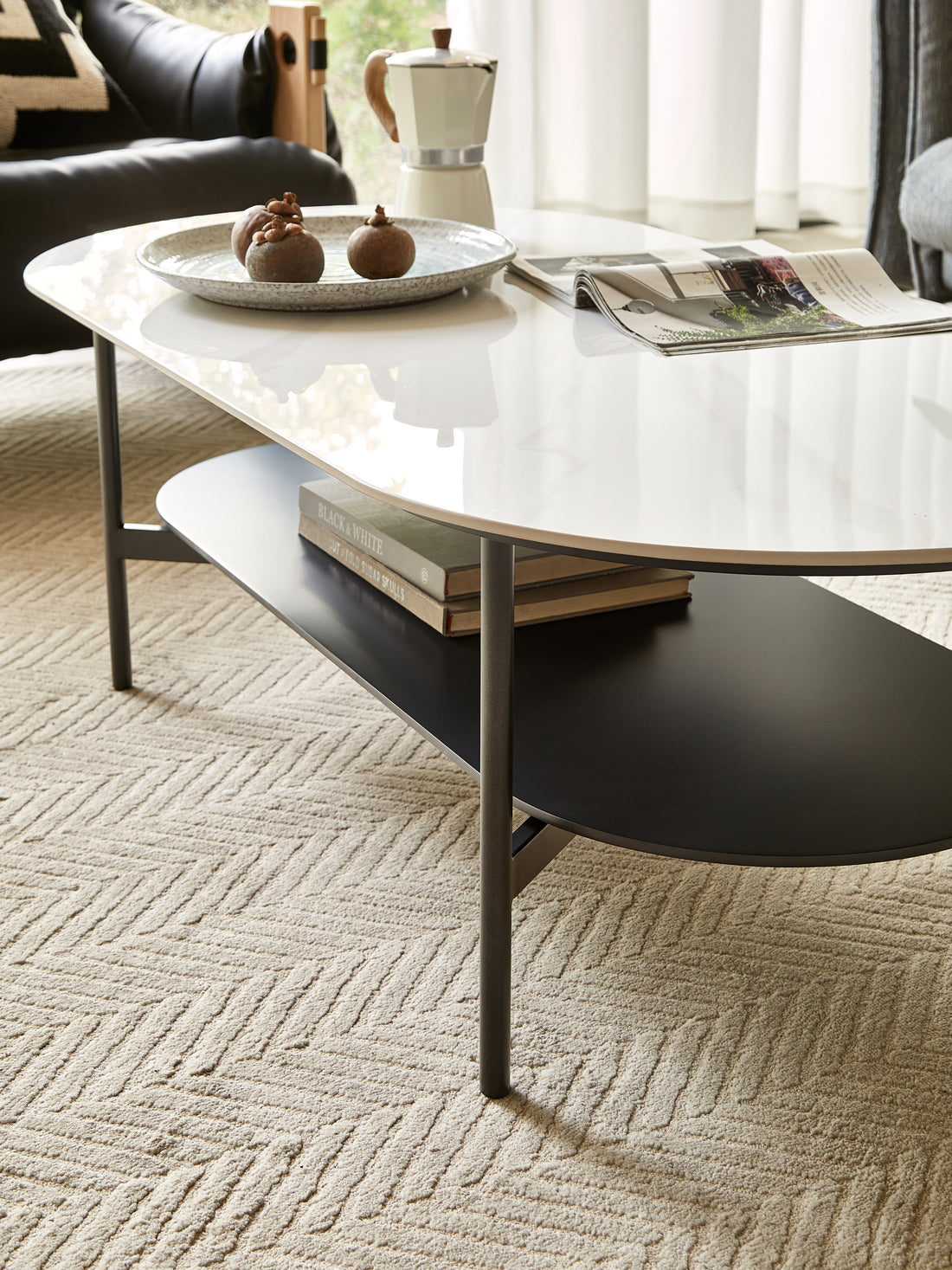 Coffee Table Ceramic Coffee Table, Mdf Painting Double Layer Coffee Table For Living Room, White Ceramic And Coffee Brown Bottom Shelf Black White Ceramic Mdf