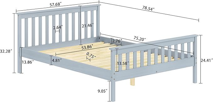 Full Bed Frames With Headboard, Solid Wooden Platform Bed With Corner, Modern Low Profile Bed Frame, No Box Spring Needed, Grey Full Grey Wood