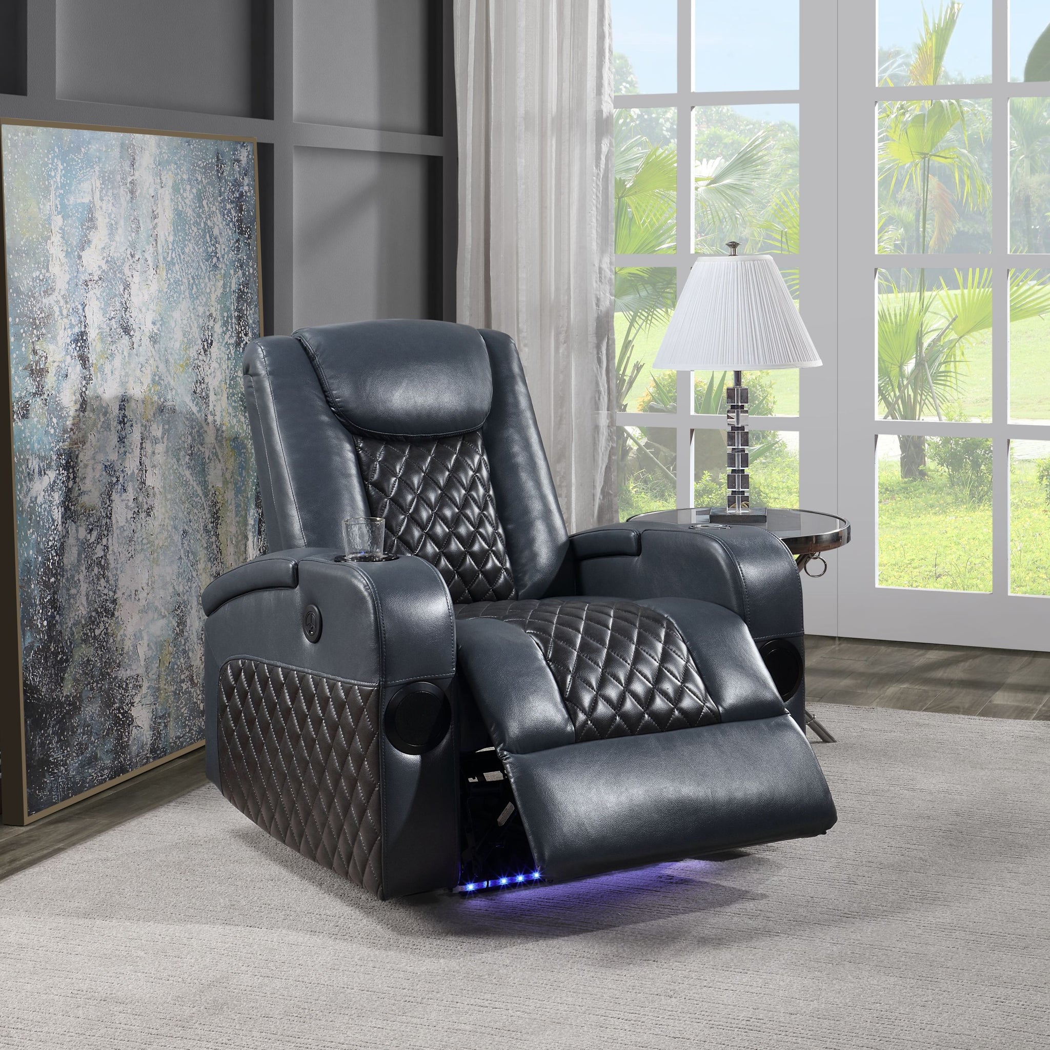 Blue And Black Power Recliner With Bluetooth Black Blue Faux Leather Manual Handle Metal Primary Living Space Tight Back Modern Handle Square Arms Faux Leather