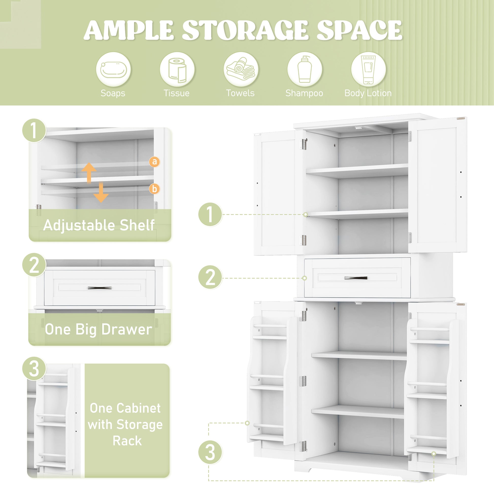 Bathroom Storage Cabinet With Multi Functional Storage Space, Drawer With Slide Rails, Adjustable Shelf, White White Mdf