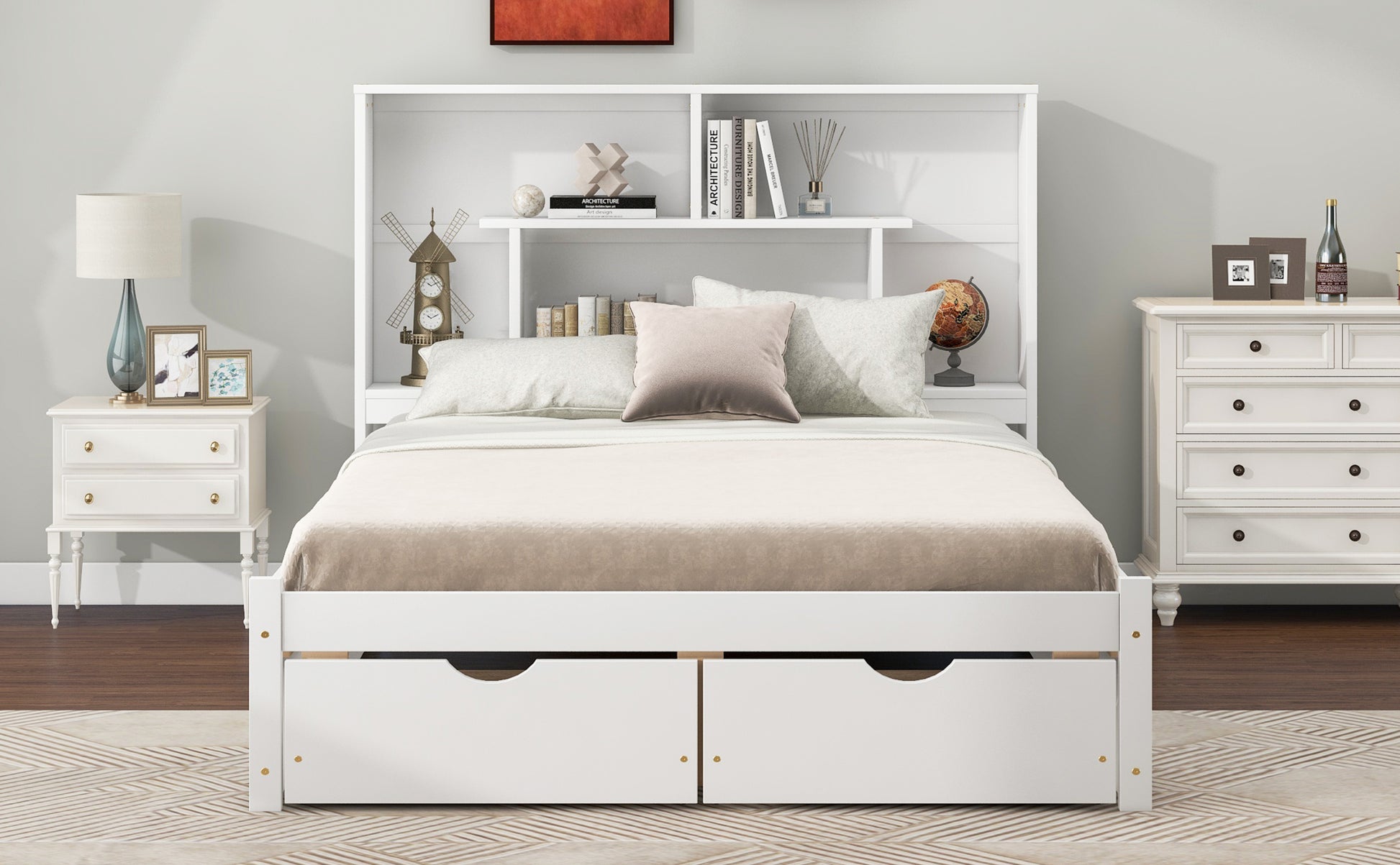 Full Size Platform Bed With Storage Headboard And 2 Drawers, White Box Spring Not Required Full White Wood Bedroom Bed Frame Solid Wood Mdf