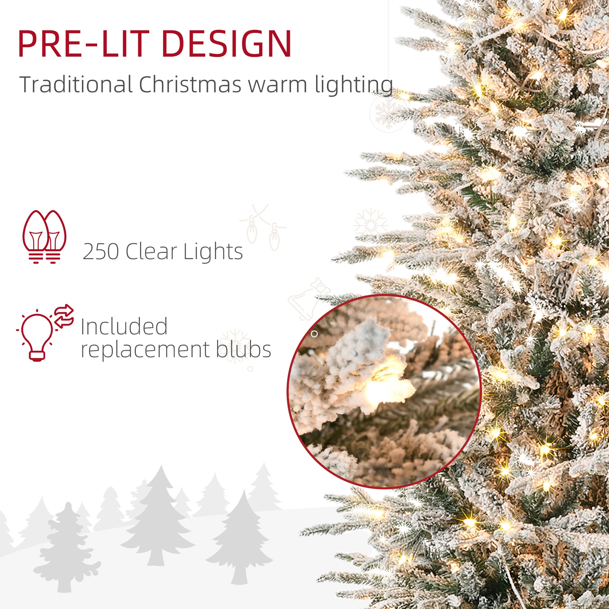 Homcom 6Ft Tall Prelit Artificial Christmas Tree Holiday D Cor With 636 Snow Flocked Branches, 250 Warm Yellow Clear Lights, Auto Open, Extra Bulb Green Plastic