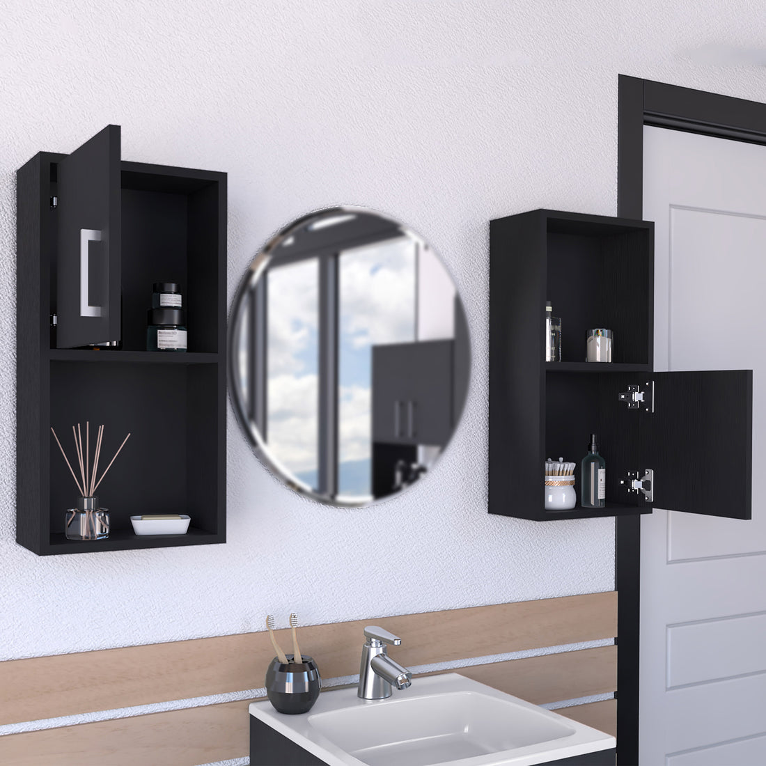 Wall Mounted Bathroom Medicine Cabinet Eak 24" H, Two Doors, Two Shelves,Black Black Solid Wood Mdf Engineered Wood