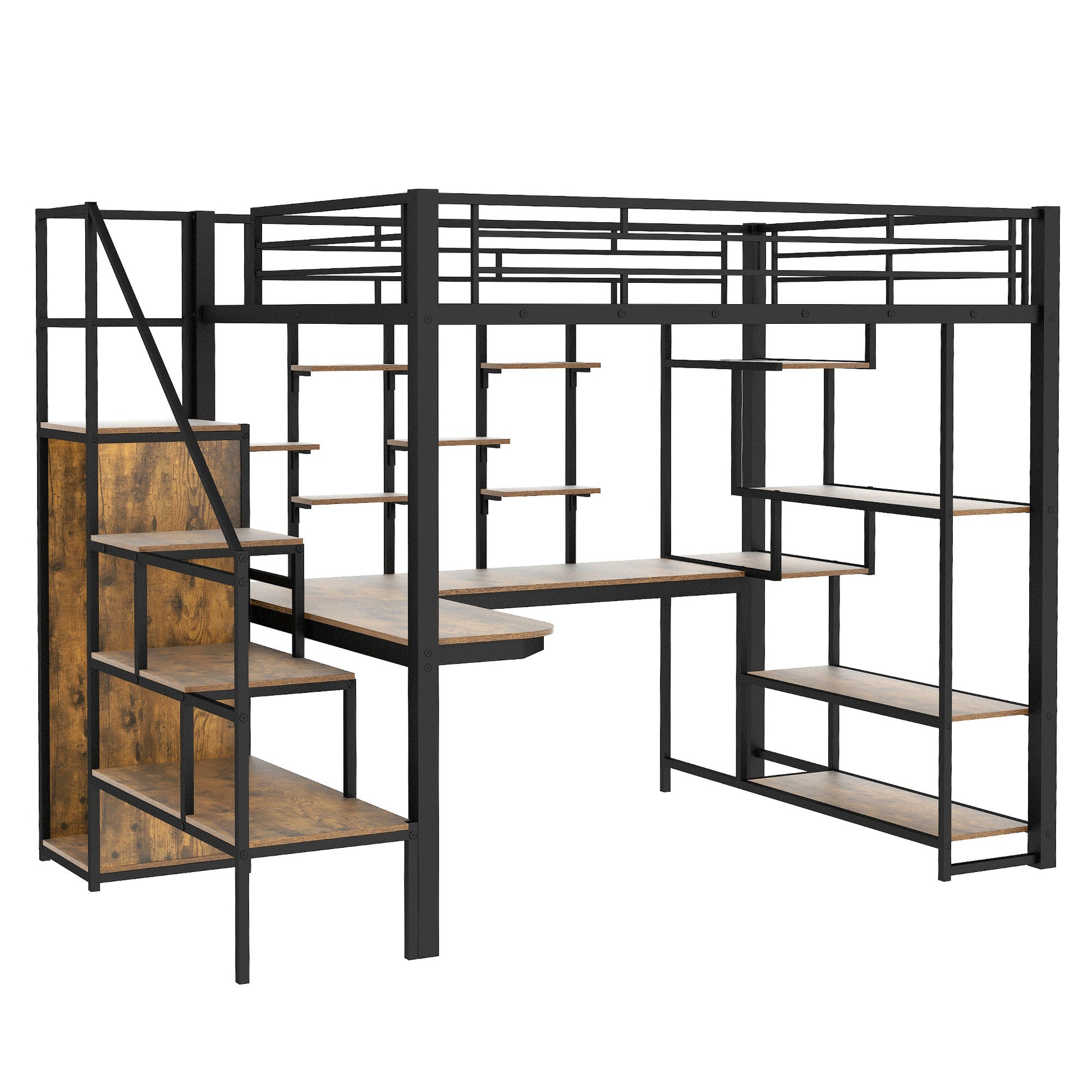 Full Size Metal Loft Bed With Storage Staircase And Small Wardrobe, Built In Desk And Storage Shelves, Black Full Black Metal