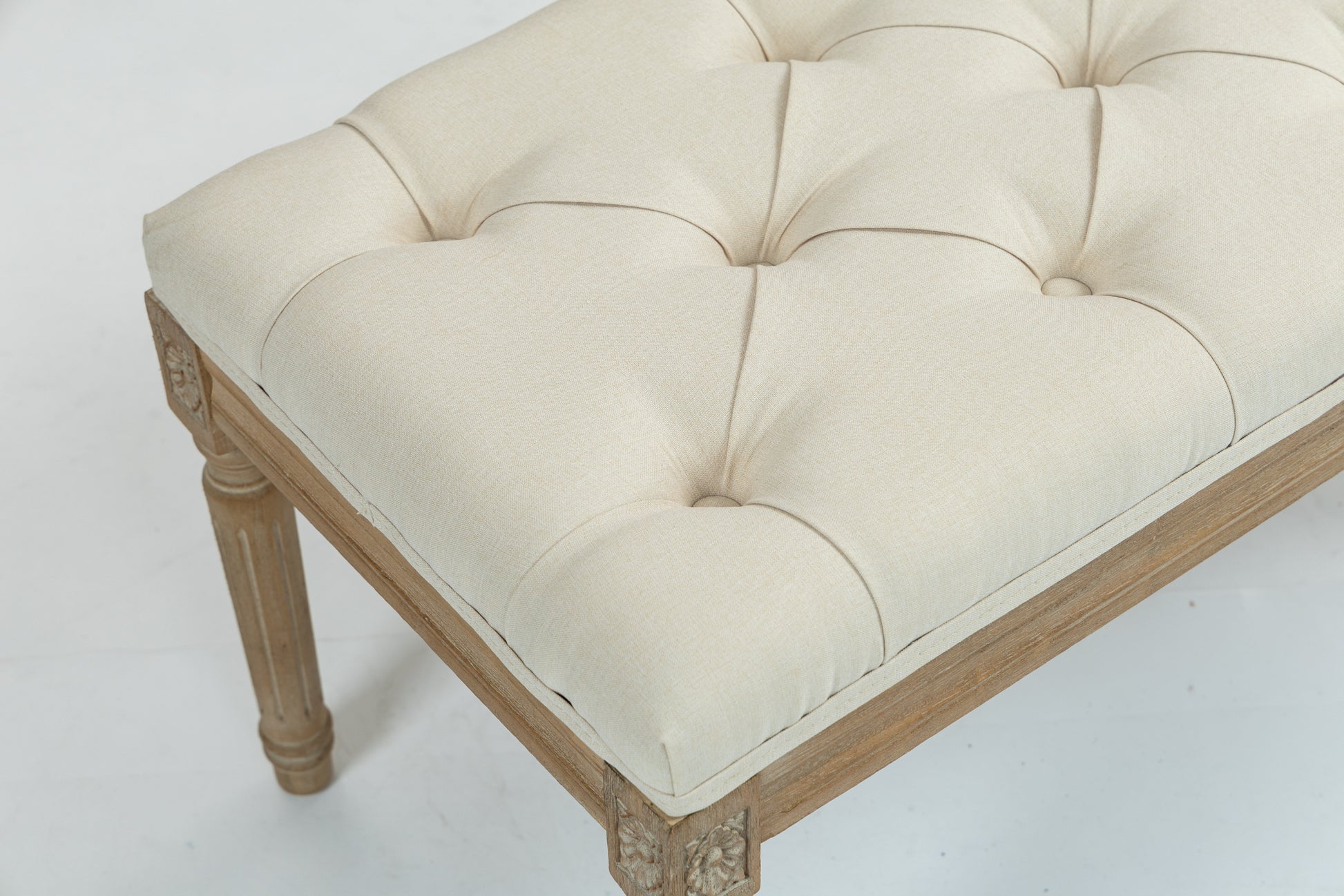 Traditional Rectangle Tufted Ottoman Bench In Beige Linen Look Fabric, For The Living Room And Bedroom Beige Rubber Wood