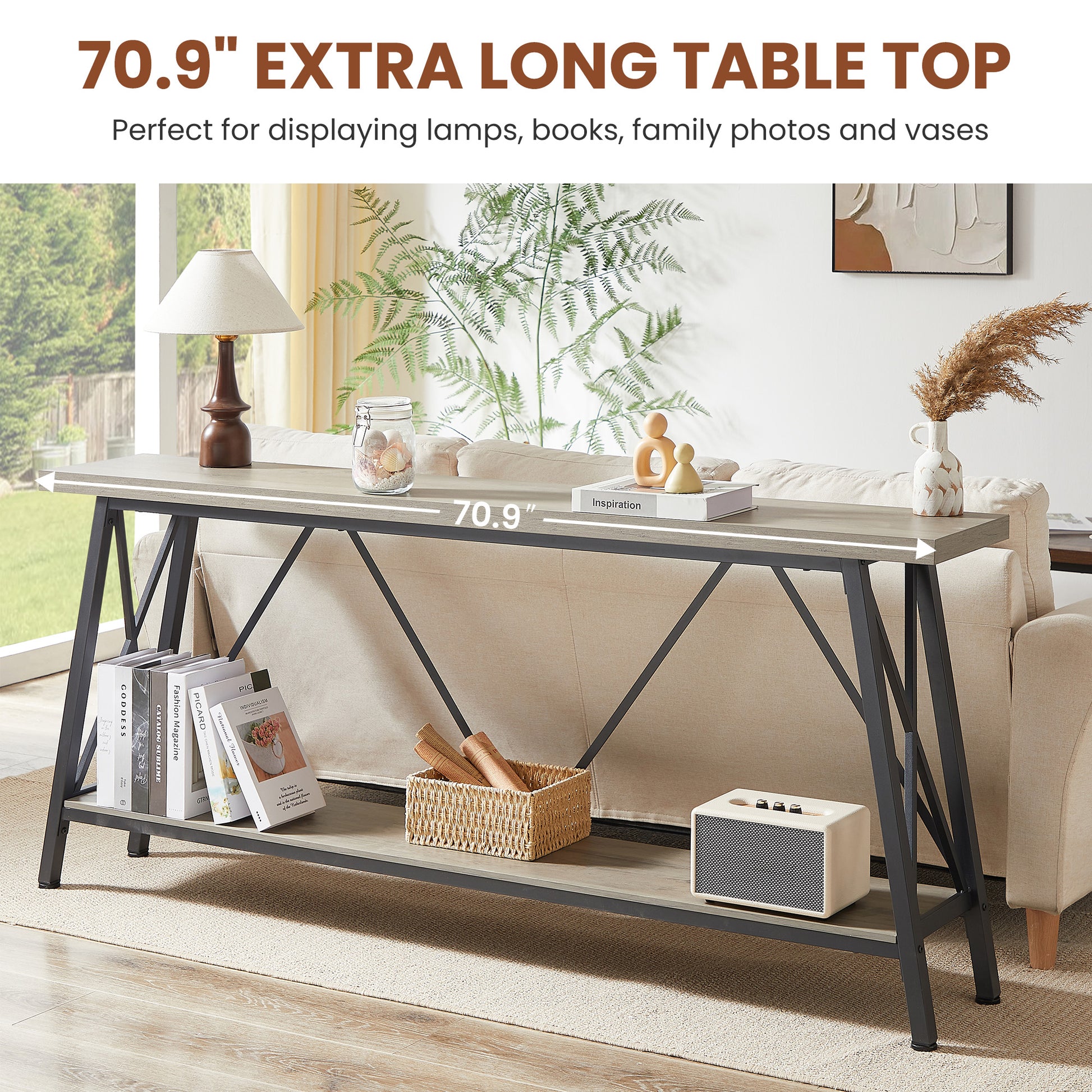 70.9 Inch Extra Long Sofa Table, Console Behind Sofa, Entryway Table With 2 Tier Storage Shelves For Hallways, Living Rooms,Foyers,Entryways,Banquet Rooms,Rustic Gray And Black, 70.9 L X 11.8"W X