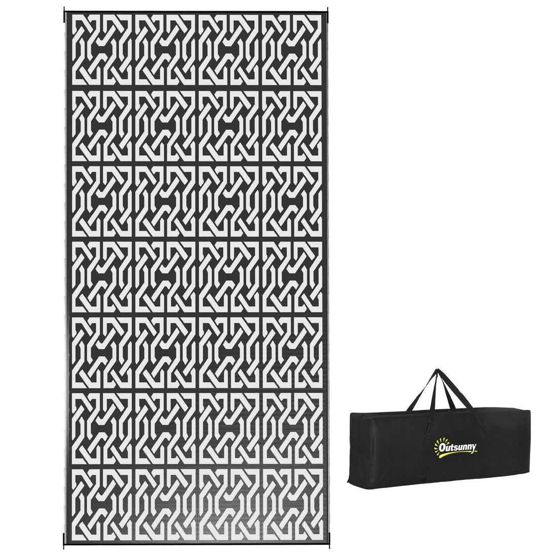 Outsunny Reversible Outdoor Rug, 9' X 18' Waterproof Plastic Straw Floor Mat, Portable Rv Camping Carpet With Carry Bag, Large Floor Mat For Backyard, Deck, Picnic, Beach, Black & White Chain Multicolor Polypropylene