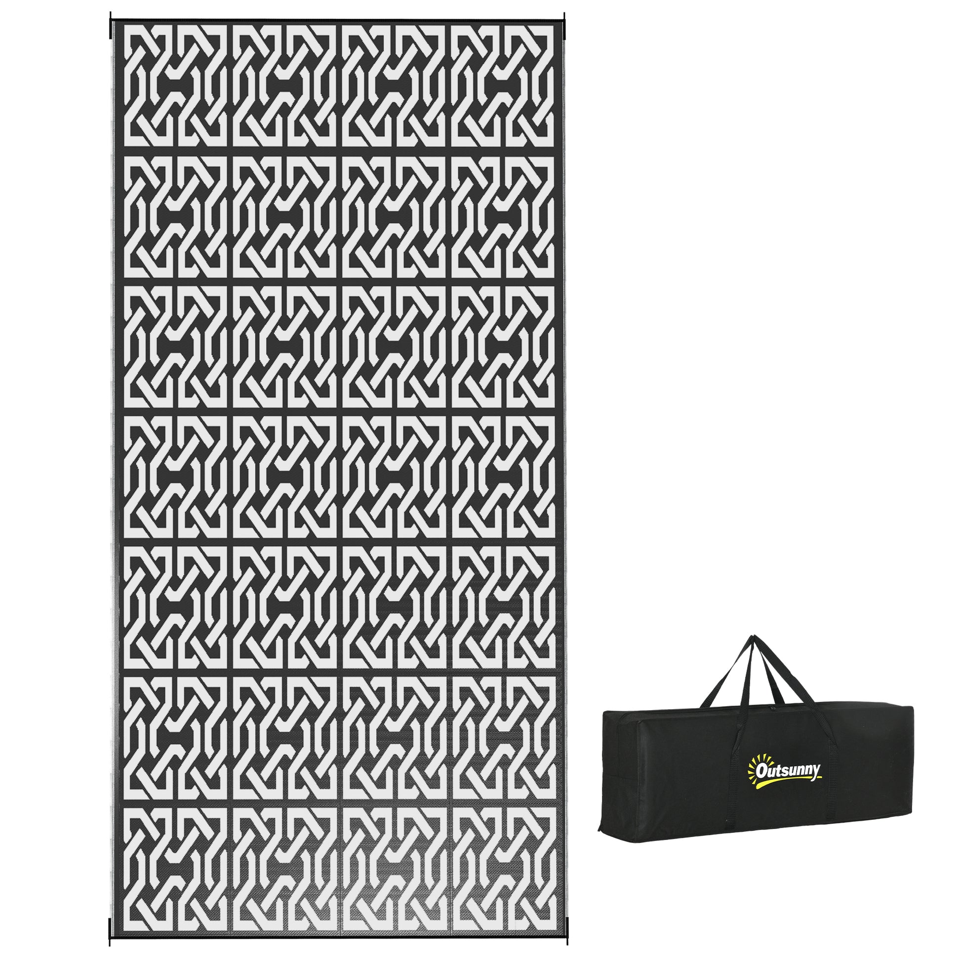 Outsunny Reversible Outdoor Rug, 9' X 18' Waterproof Plastic Straw Floor Mat, Portable Rv Camping Carpet With Carry Bag, Large Floor Mat For Backyard, Deck, Picnic, Beach, Black & White Chain Multicolor Polypropylene
