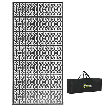 Outsunny Reversible Outdoor Rug, 9' X 18' Waterproof Plastic Straw Floor Mat, Portable Rv Camping Carpet With Carry Bag, Large Floor Mat For Backyard, Deck, Picnic, Beach, Black & White Chain Multicolor Polypropylene
