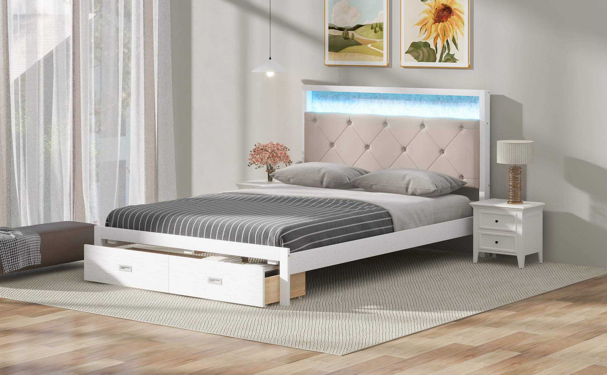 Wood Queen Size Platform Bed With Upholstered Headboard And Led And 2 Drawers, Antique White Box Spring Not Required Queen Antique White Wood Bed Frame Solid Wood Mdf