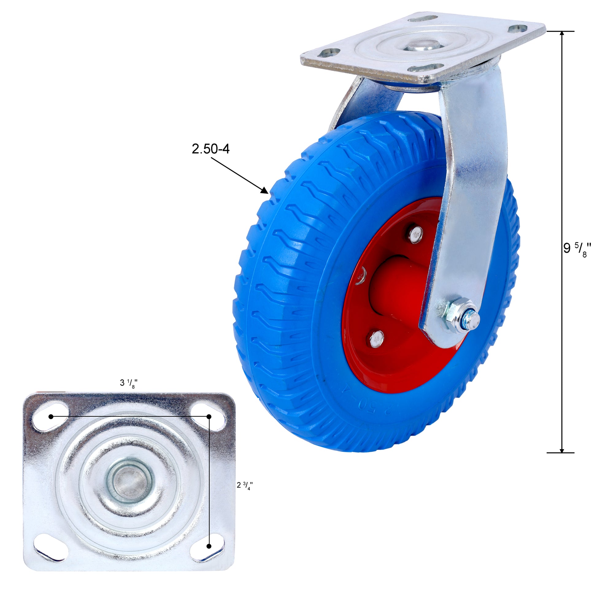 4Pcs 8In Caster Flat Free 2Pcs Swivel 2Pcs Rigid , Caster Wheel, Swivel Plate, Steel Hub With Ball Bearings, 5 8 Inch Bore Centered Axle Blue Blue Rubber