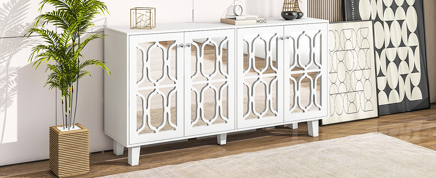 Buffet Cabinet With Adjustable Shelves, 4 Door Mirror Hollow Carved Tv Stand For Tvs Up To 70'', Multi Functional Console Table With Storage Credenza Accent Cabinet For Living Room, White 3 4 Spaces White Primary Living Space Adjustable Shelves Mdf