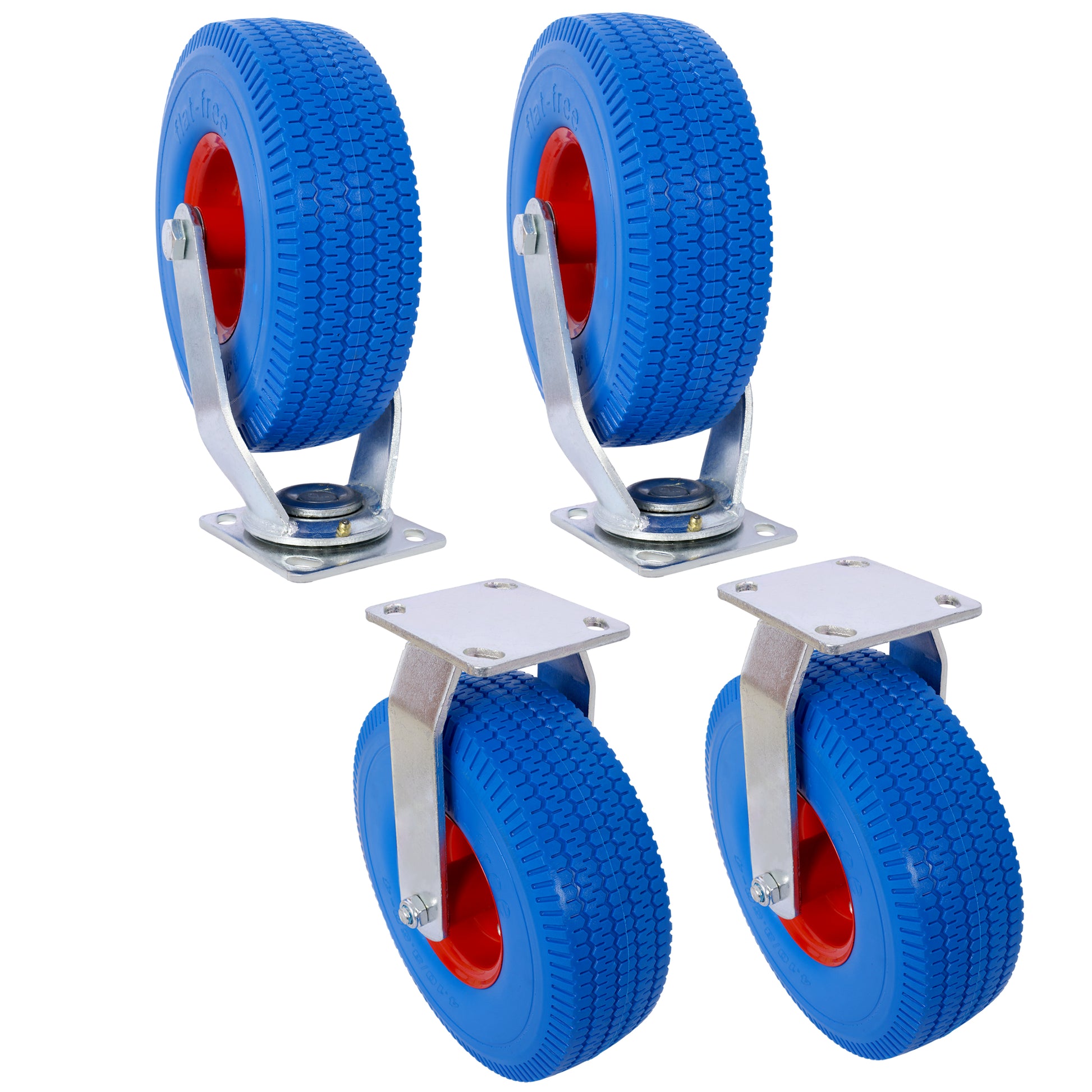 4Pcs 10In Caster Flat Free Whell 2Pcs Swivel 2Pcs Rigid , X Large Flat Free Castersswivel Plate, Steel Hub With Ball Bearings, 5 8 Inch Bore Centered Axle Blue Blue Rubber