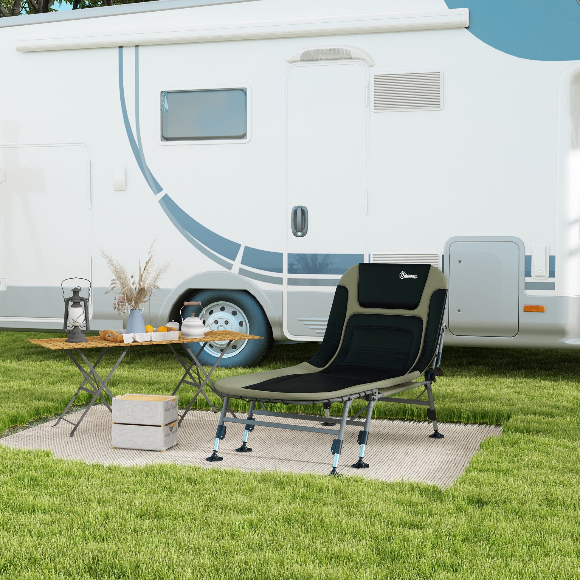 Outsunny Camping Cot For Adults, Folding Bed With Soft Padded Cushions & Headrest, 180 Adjustable Reclining Lounger, Heavy Duty And Portable With A 400 Lbs. Capacity, Dark Green Dark Green Oxford Fabric