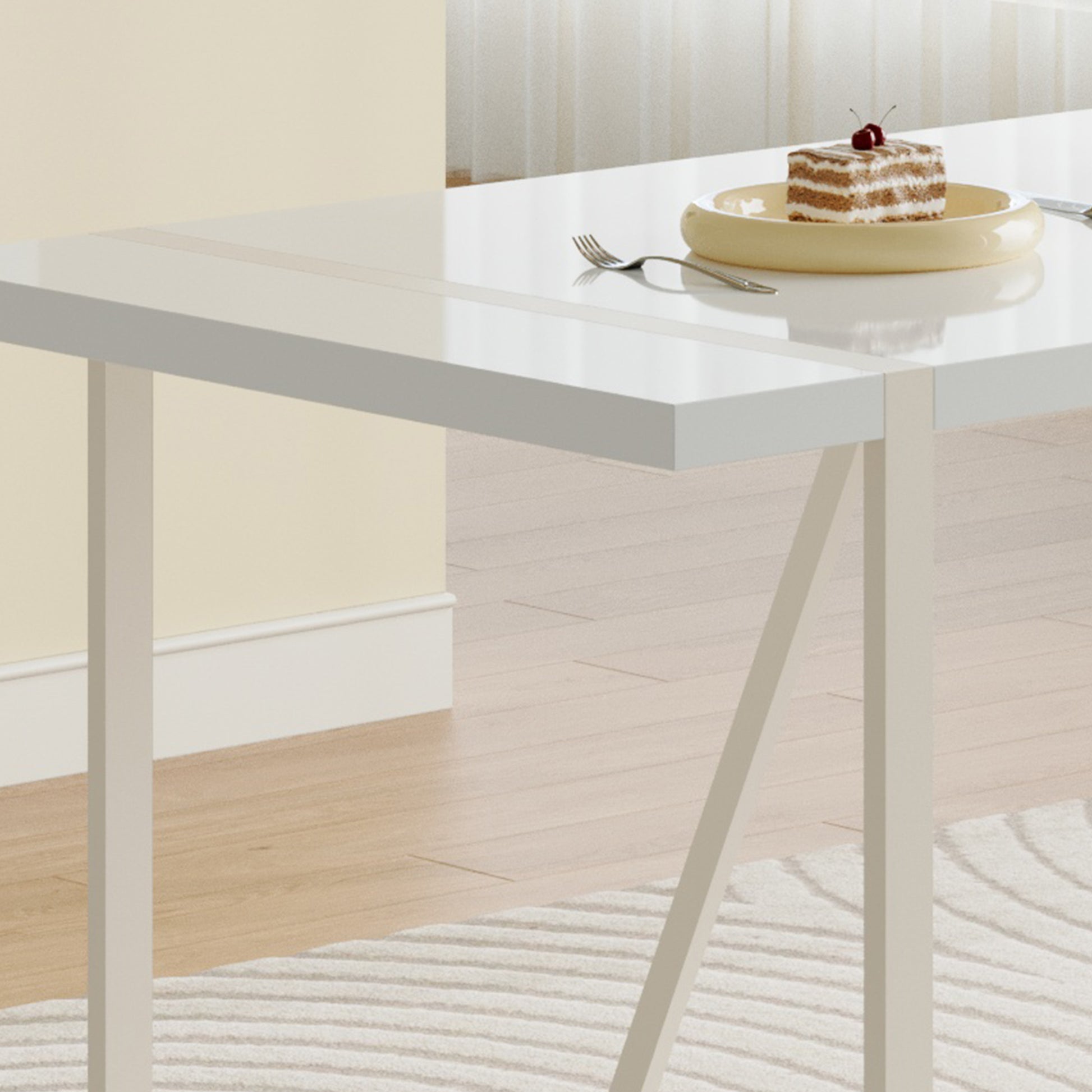 55"X31.5"Cream Style White Mdf Dining Table Set With 6 Armless Chairs.The Backrest Of The Dining Chair Is Designed With Multiple Vertical Stripes.Adding A Warm Atmosphere To Your Family. White Seats