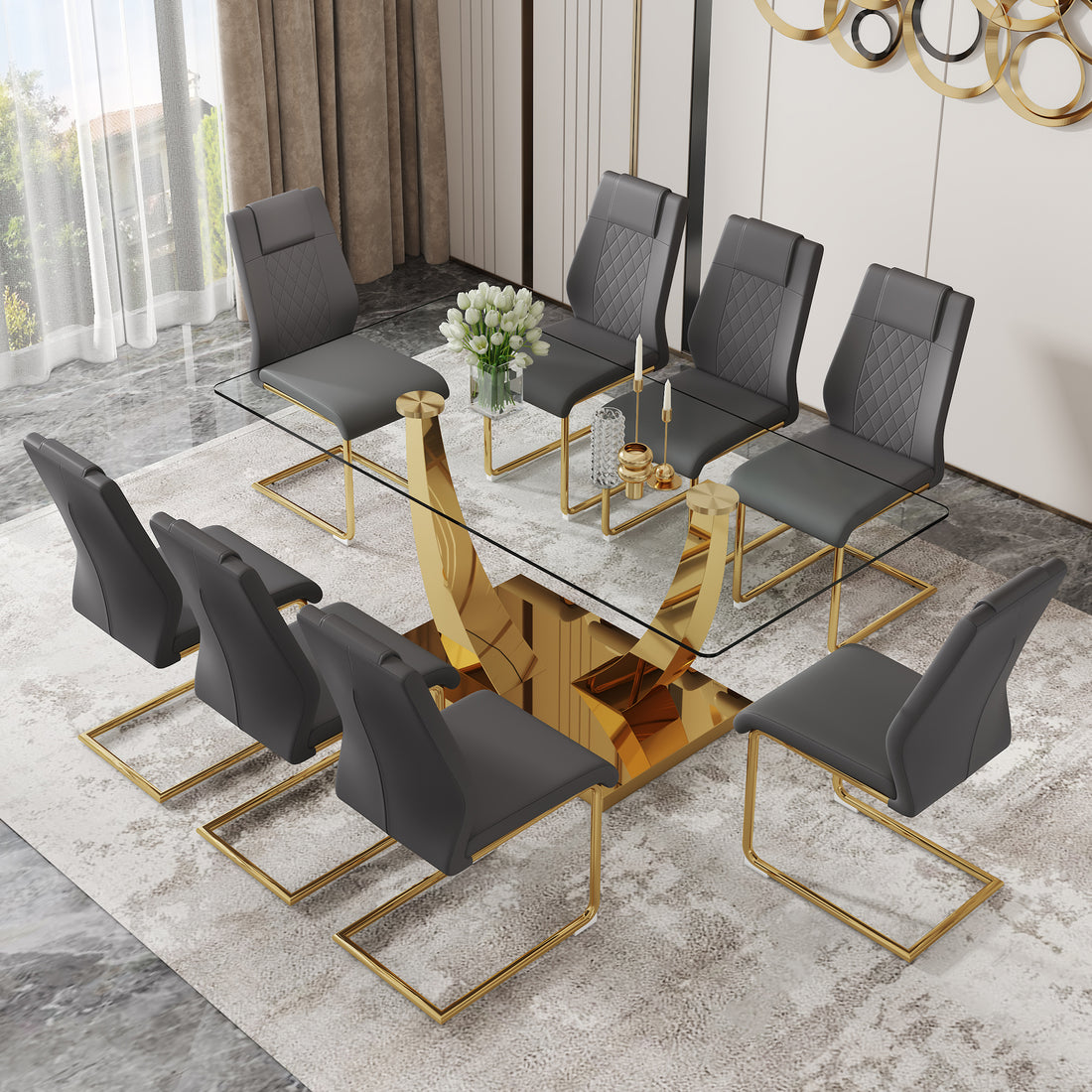 Table And Chair Set.Modern Rectangular Dining Table With Transparent Tempered Glass Tabletop And Gold Plated Metal Legs.Paried With 8 Comfortable Chairs With Pu Seats And Golden Metal Legs. Grey Gold,Transparent Seats 8 Glass Metal